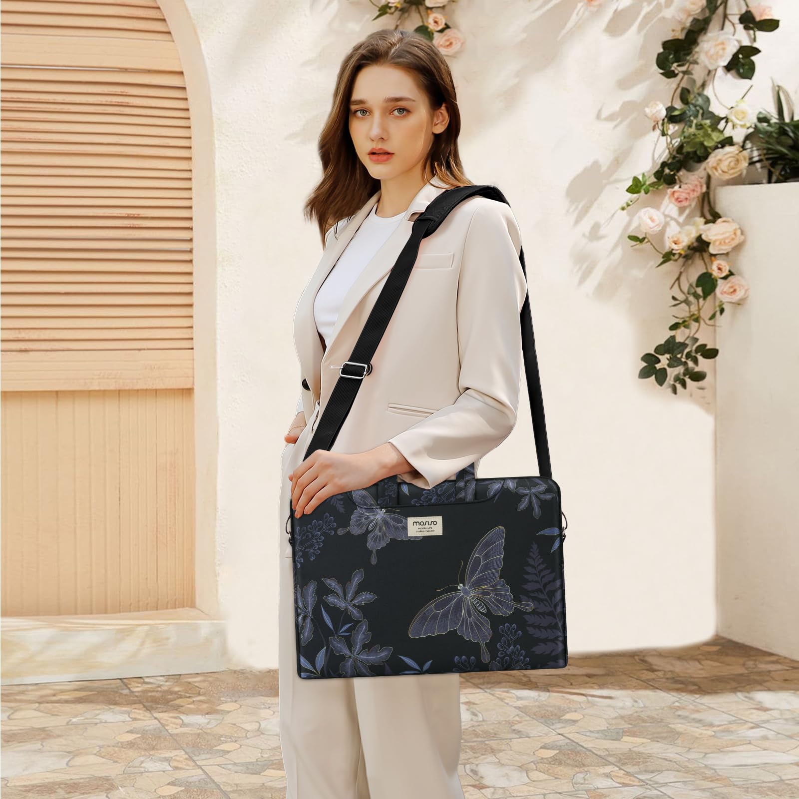 MOSISO Borsa Laptop Donna, Borsa Computer 15.6 pollici Compatibile con Macbook, Hp, Dell, Lenovo, Asus, Notebook, Custodia Tracolla Laptop 15-15,6 pollici con Tracolla, Farfalla Linea Dorata