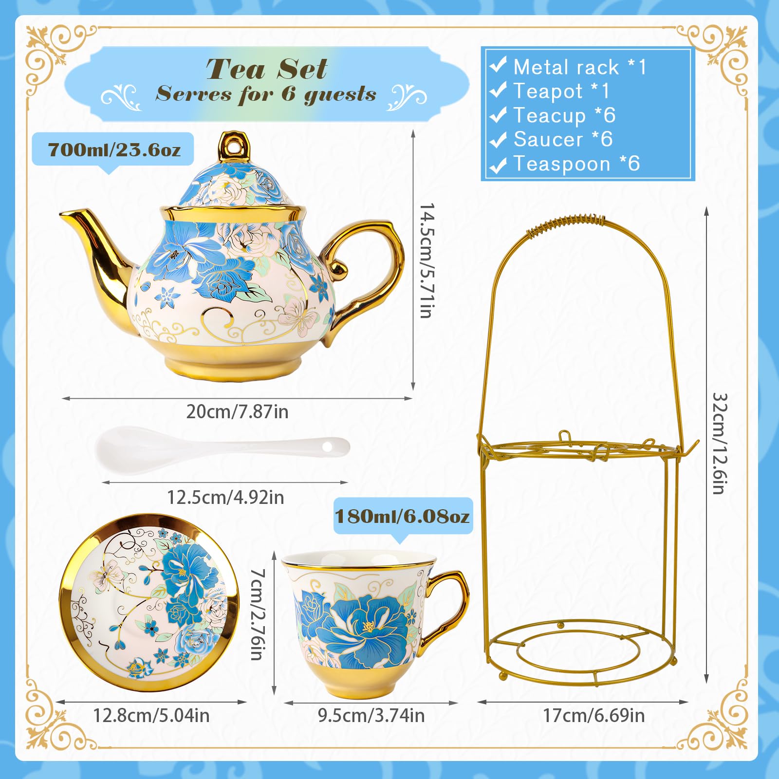 20-teiliges Porzellan Tee-Set mit Metallhalter & Löffeln – Europäische Blumenmalerei Teekanne Tassen Untertassen Set für 6 Personen, Geschenkverpackung (Blau)