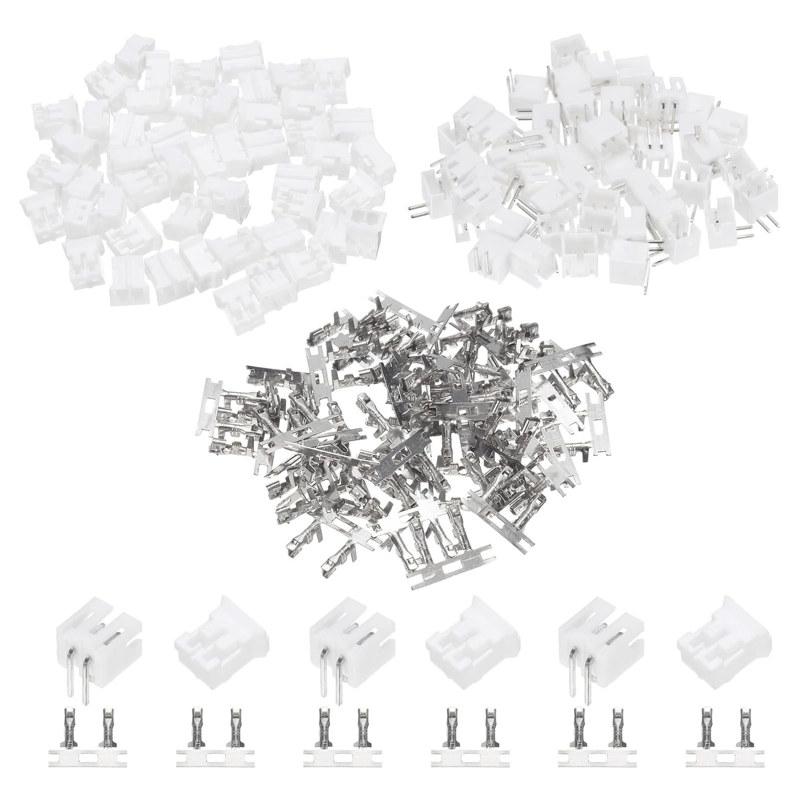 sourcing map 50 Set JST- PH 2.0 mm Pitch Connector Kit, 2 Pin Male Female Sockets Housing Adapter Plug Terminal Electronic Computer Connector Kit for Board Cable Assembly, White