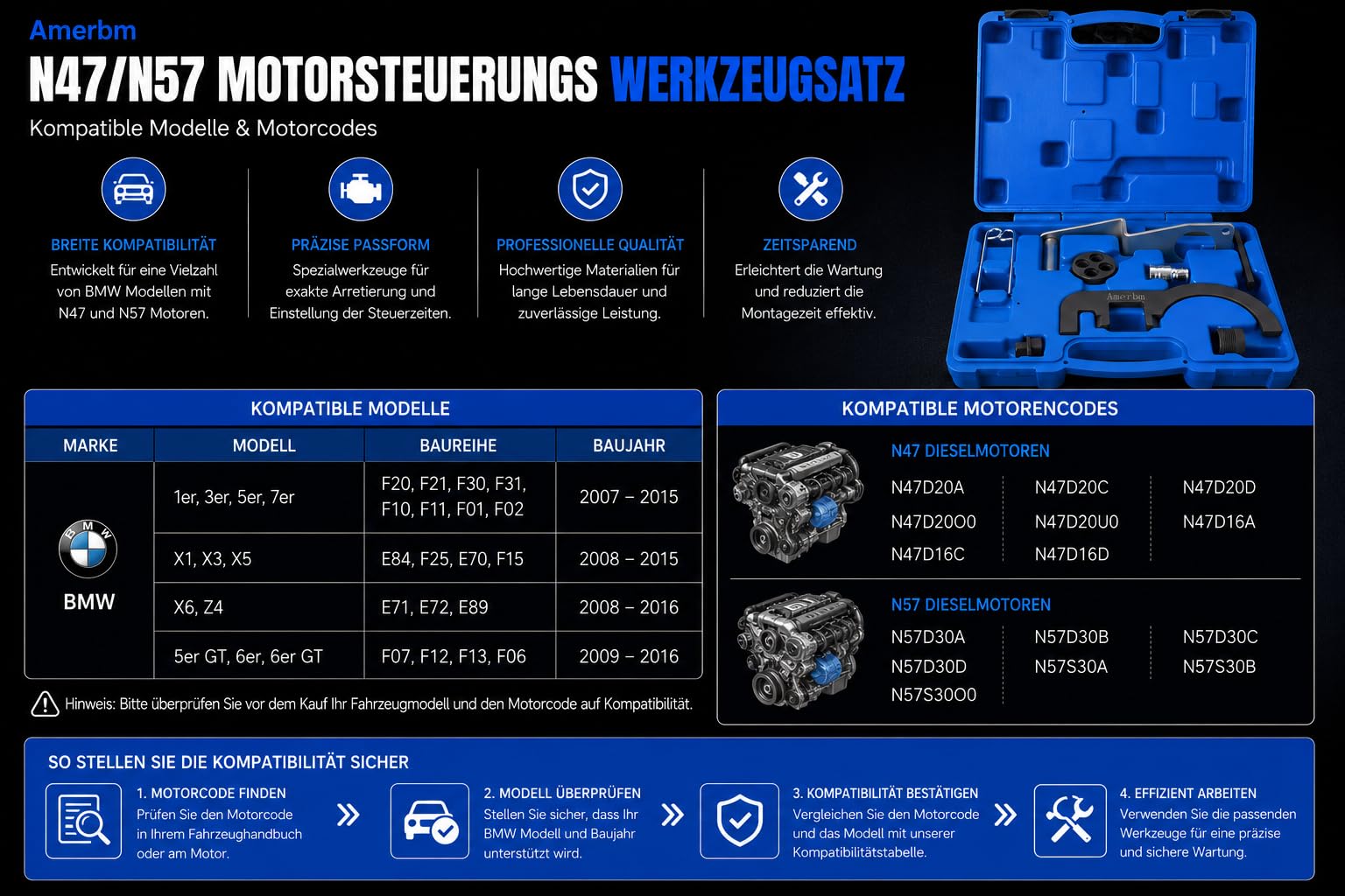 Motor Einstellwerkzeug für BMW N47 N57 N47S N57S | Steuerkette Werkzeug Set Arretierwerkzeug Nockenwelle N47D20A N47D20C N57D30A | Passend für E90 E60 F10 F30 X3 X5 120d 320d 330d 530d