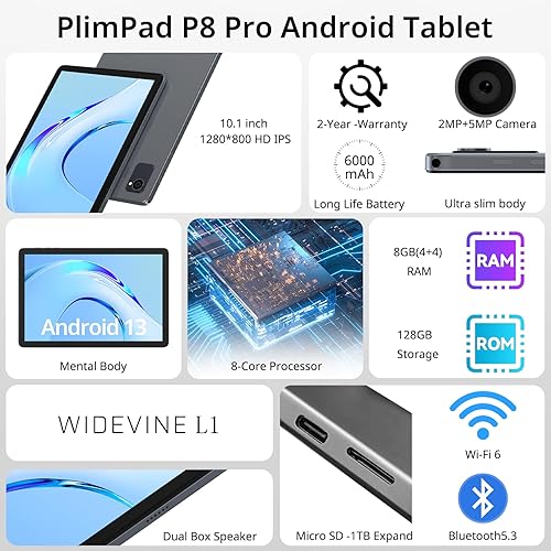 Miniatura 7 de plimpton Tableta Android 13 de 10 pulgadas, tabletas con CPU Octa-Core, 8 (4+4) GB de RAM 128GB ROM, pantalla IPS HD de 1280 x 800, Wi-Fi 6, cámara