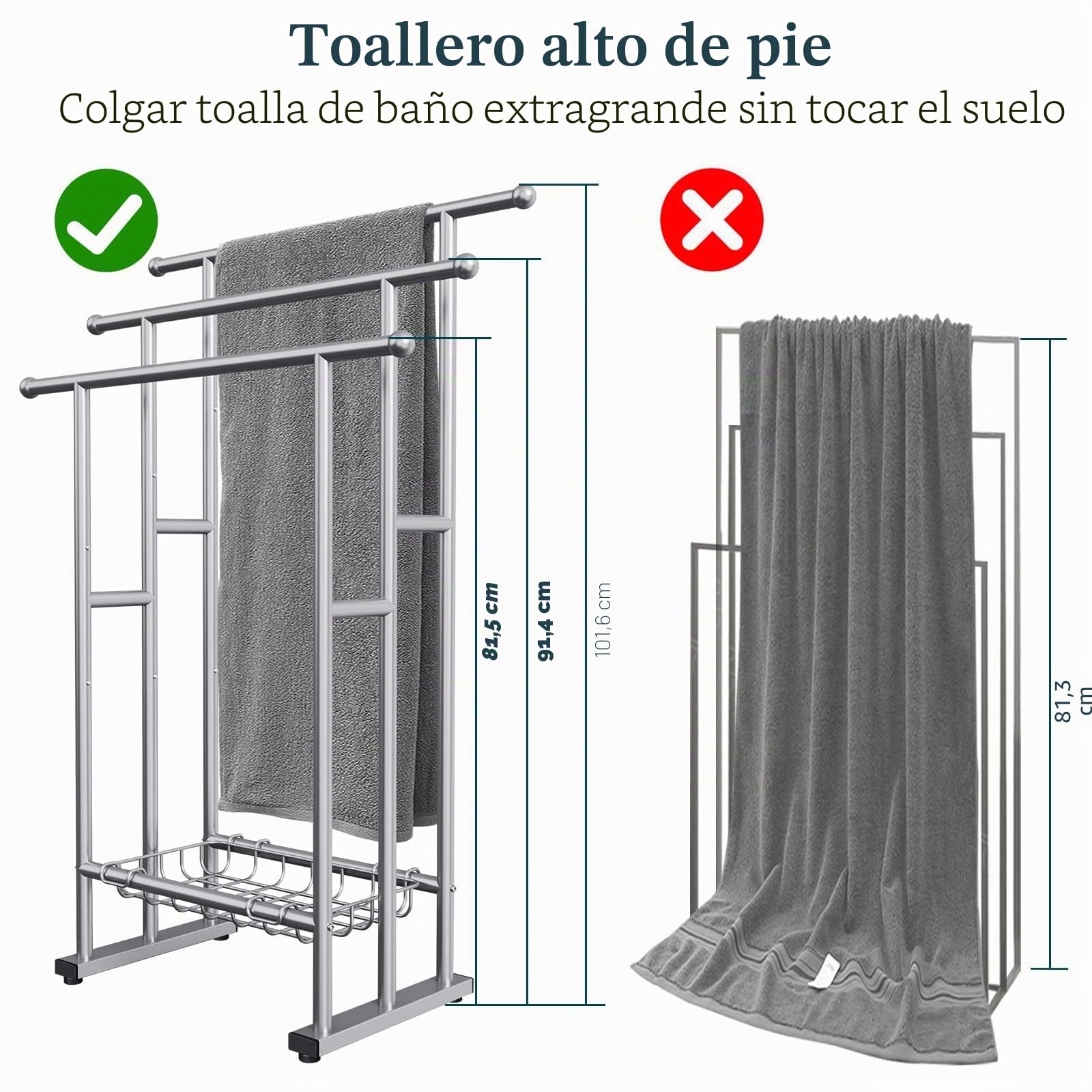 Toallero Independiente de 40 Pulgadas de Alto para baño, toallero de Piso de 3 Niveles con Cesta de Almacenamiento, Escalera de Manta y Estante de exhibición para Toallas de baño Grandes y Toallas de