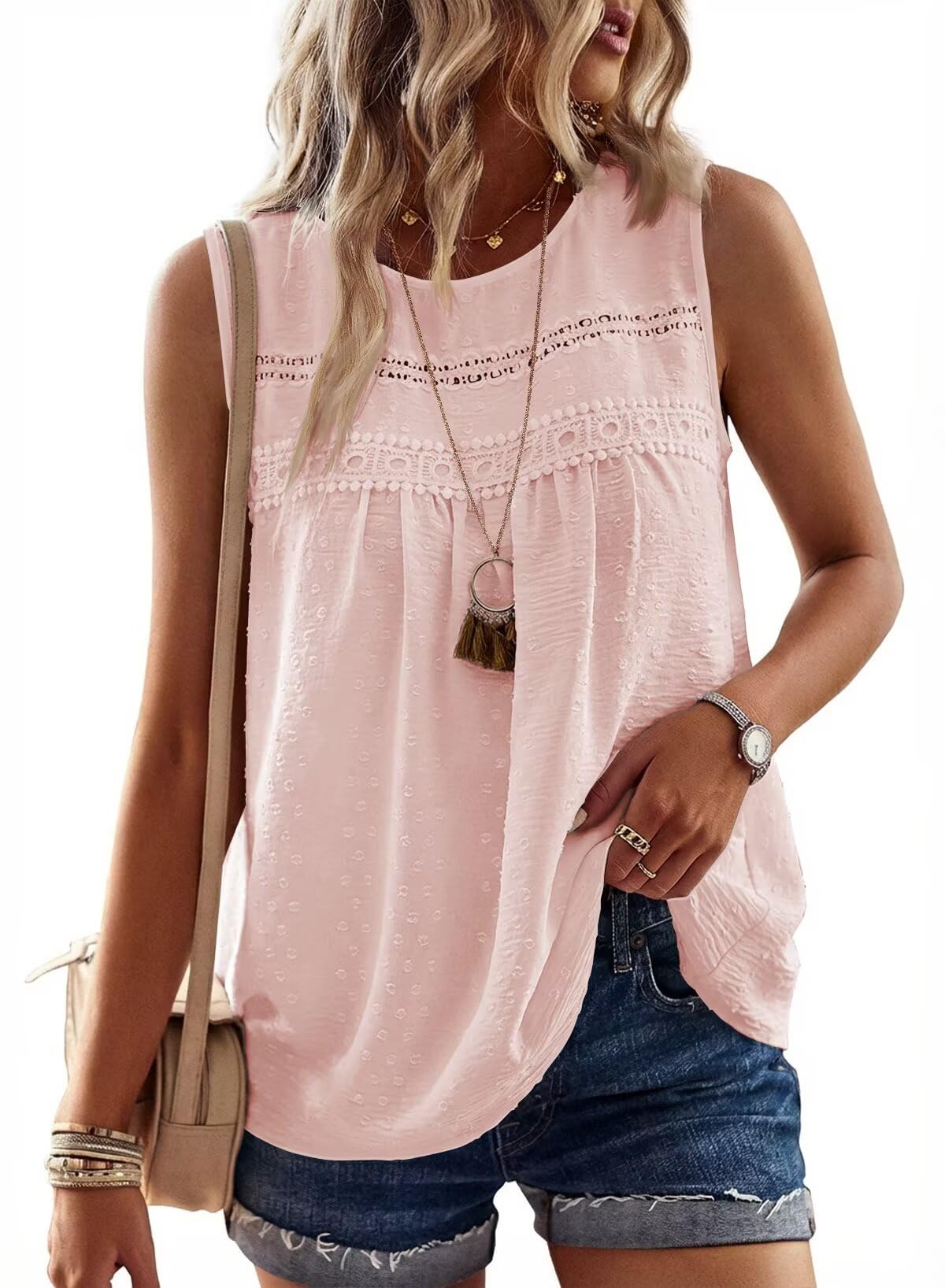 TUUHAW Tank Top Damen Sommer Bluse Ärmellose Oberteile Elegant Swiss Dot | Rundhal Ausschnitt Oberteile, Boho Swiss Dot T Shirt, Lässig Basic Fließend, Paspel Süß Tunika, Sexy Spitze Outfits Träger