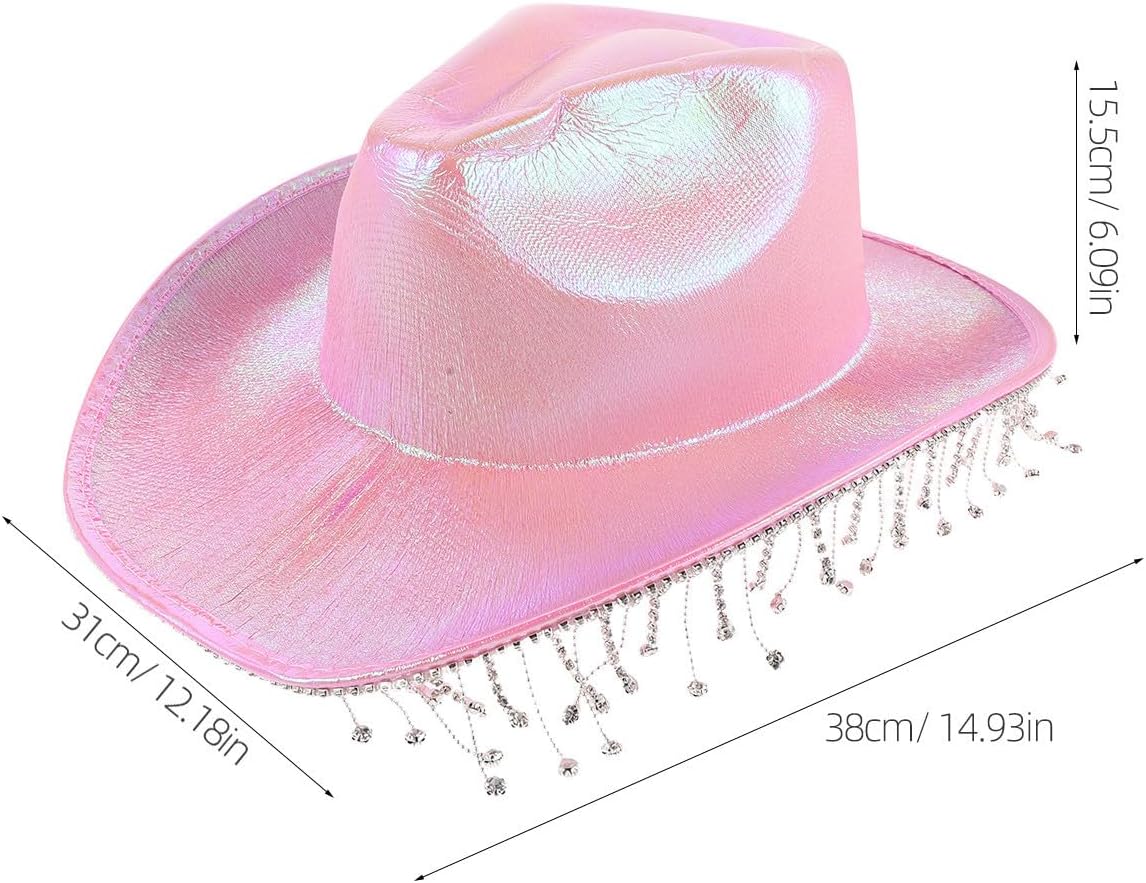 Pink Rhinestone Tassel Iridescent Cowboy Hat for Party Xmas Halloween