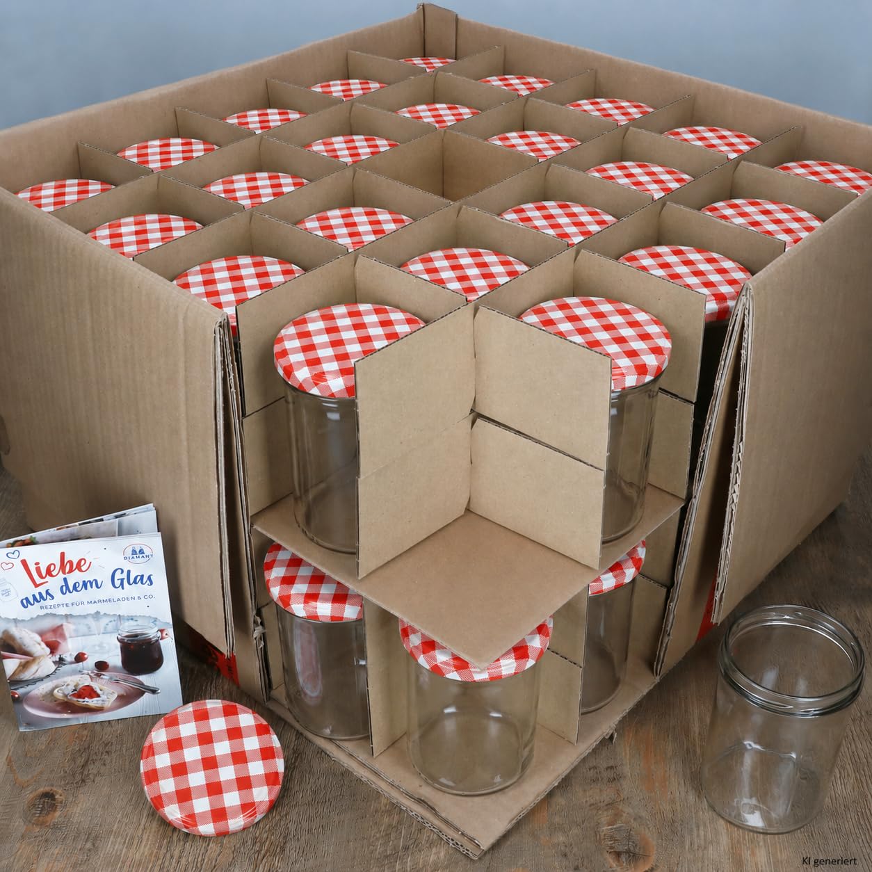Set di 48 barattoli in vetro da 435 ml per conserva, con tappi To 82 rosso a scacchi, quaderno per ricette incluso