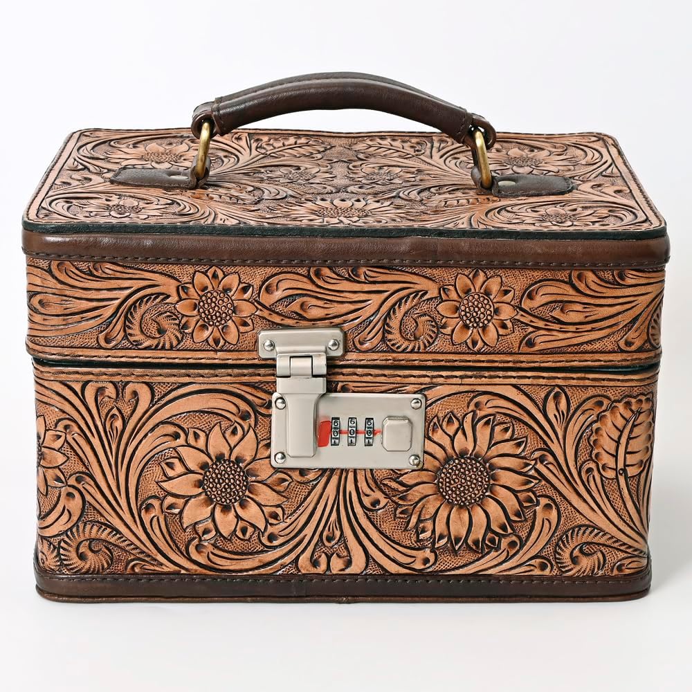 American Darling Jewelry Case for Women - Hand Tooled Floral Carved Genuine Leather Travel Organizer with Top Handle