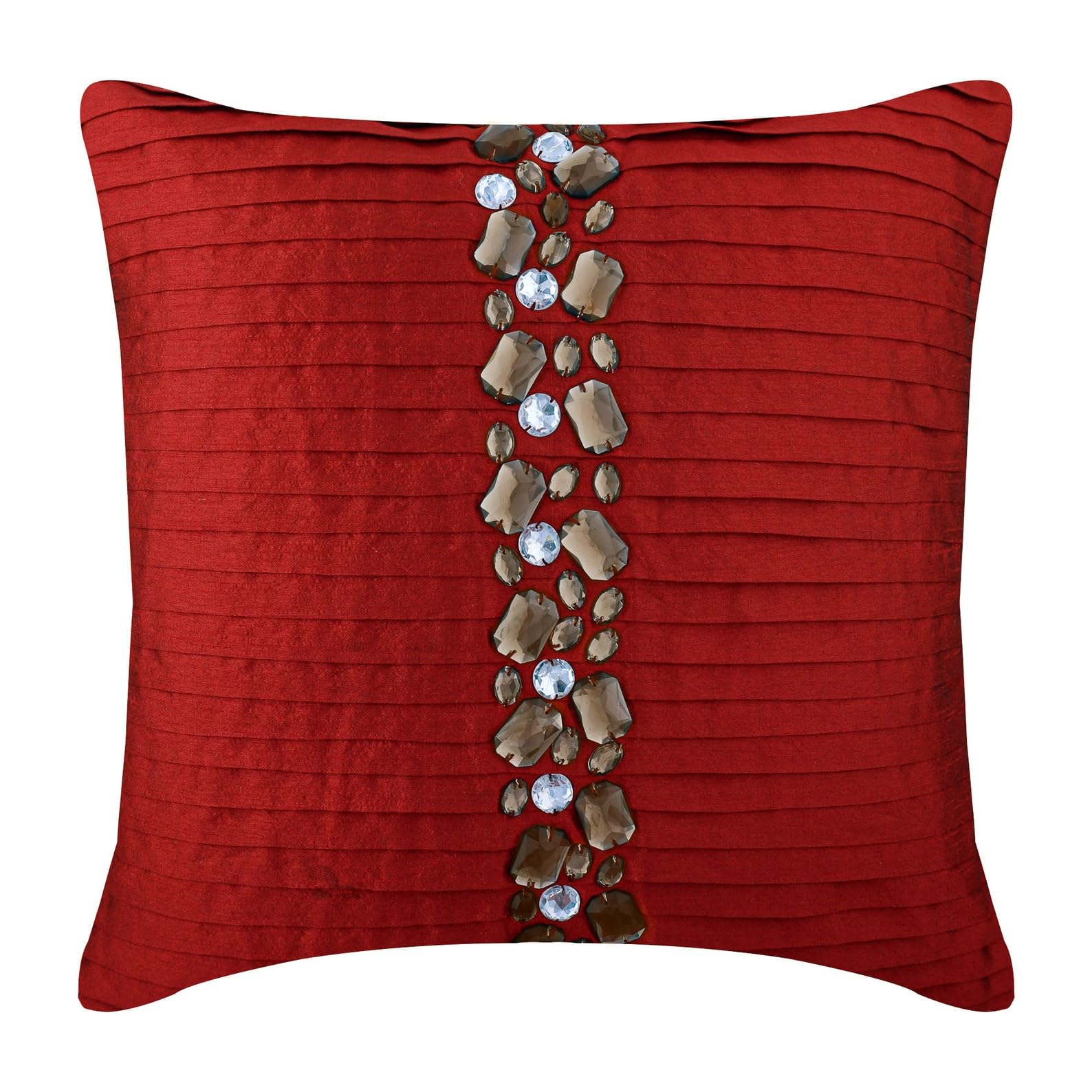 The HomeCentric Red Cushion Covers, Pintucks & Crystals Cushions Cover Pack of 2, 35x35 cm (14"x14") Throw Cushions Cover Square Silk Cushions Covers for Couch, Contemporary - Deep Red Crystals โ image 1