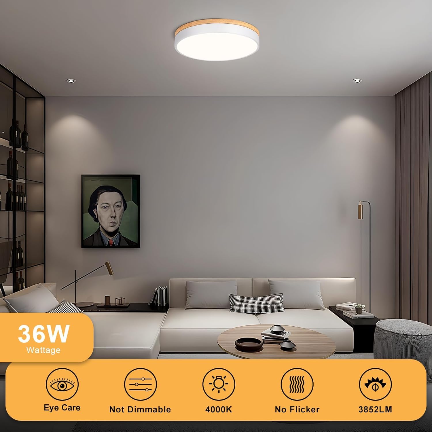 Moderne Deckenlampe Holz,LED Deckenleuchte weiß,4000K,36W Schlafzimmerleuchte Für Wohnzimmer,Flur,Studie,Küche,Bad,Esszimmer,Ø40 cm