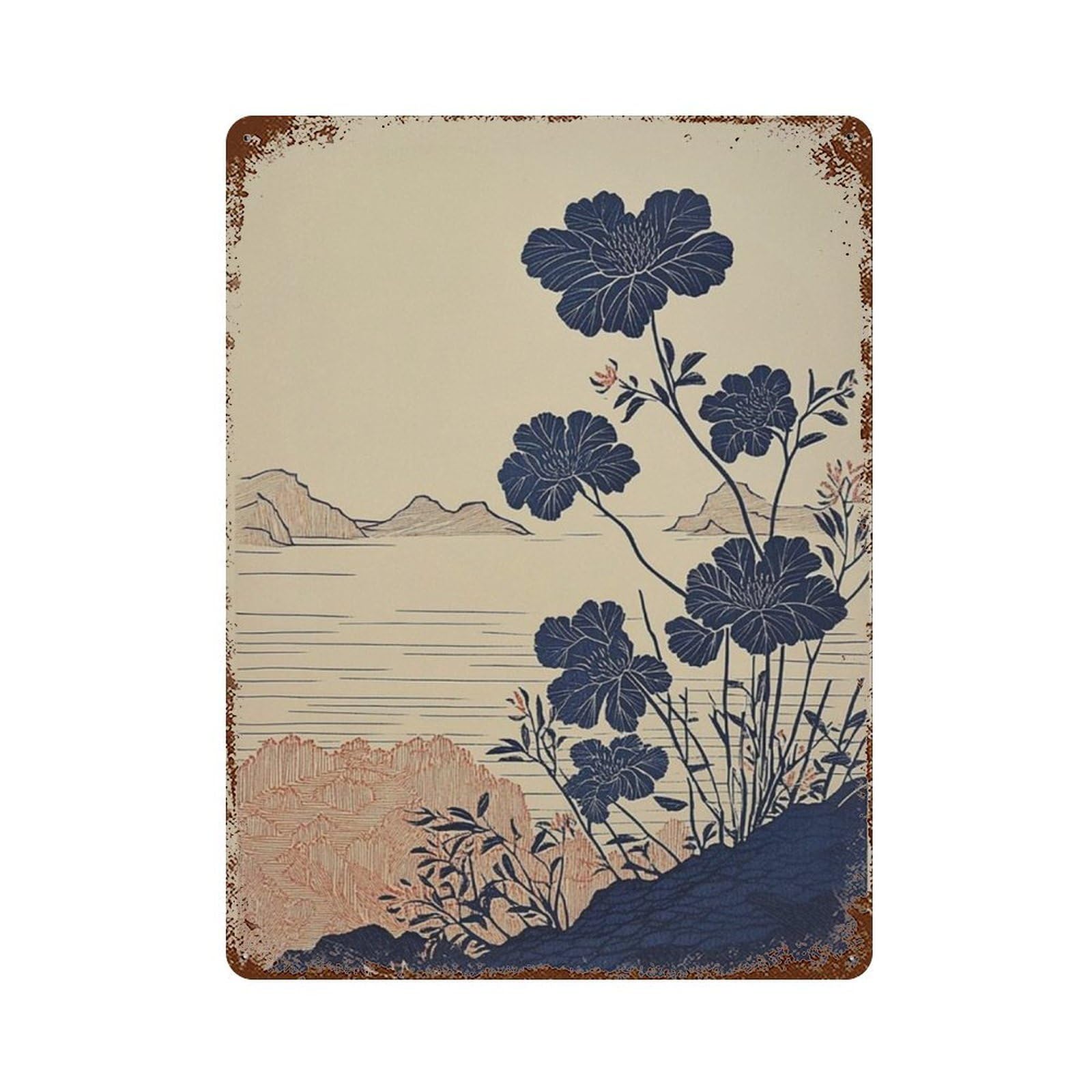 xiaoxiaoshen Japanese Coastal Tree Blue And Beige Landscape Minimal Ocean Cliff Wall Decor Art Metal Tin Poster Modern Home Decor Art Home Bar Shop Decorations Vintage Sign 40x30cm