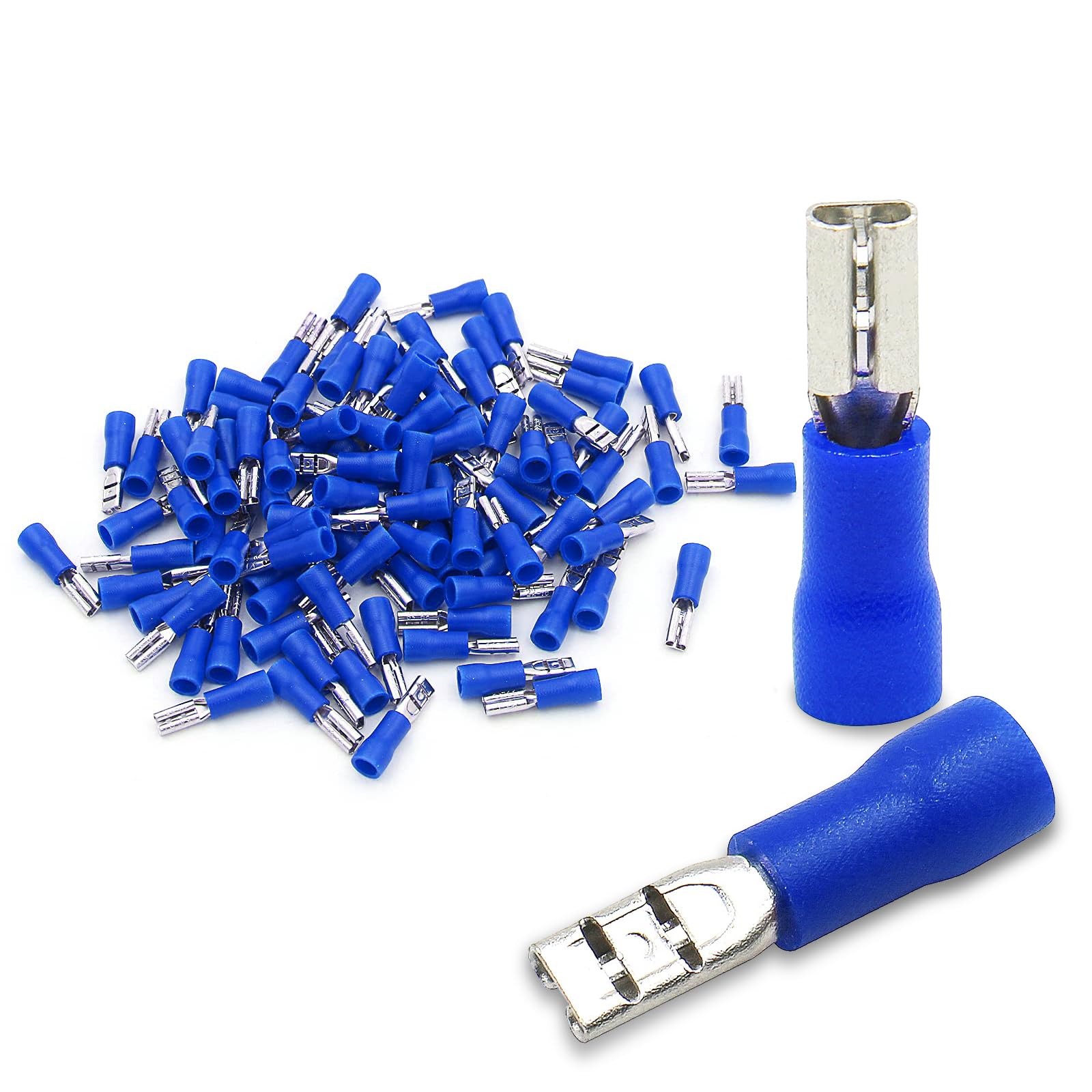 Baomain 100-Pack 0.11" Female Quick Disconnect Spade Terminals, 16-14 AWG 2.8mm, Insulated Crimp Connectors Blue