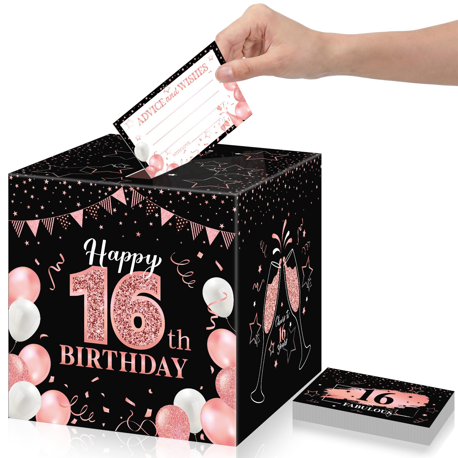 Funrous 16th Birthday Party Message Card Box Cheers to 16 Years Black Rose Gold Advice and Wishes Greeting Card Box for Girls Women Sweet Sixteen Birthday Decorations Anniversary Tables Sign Decor