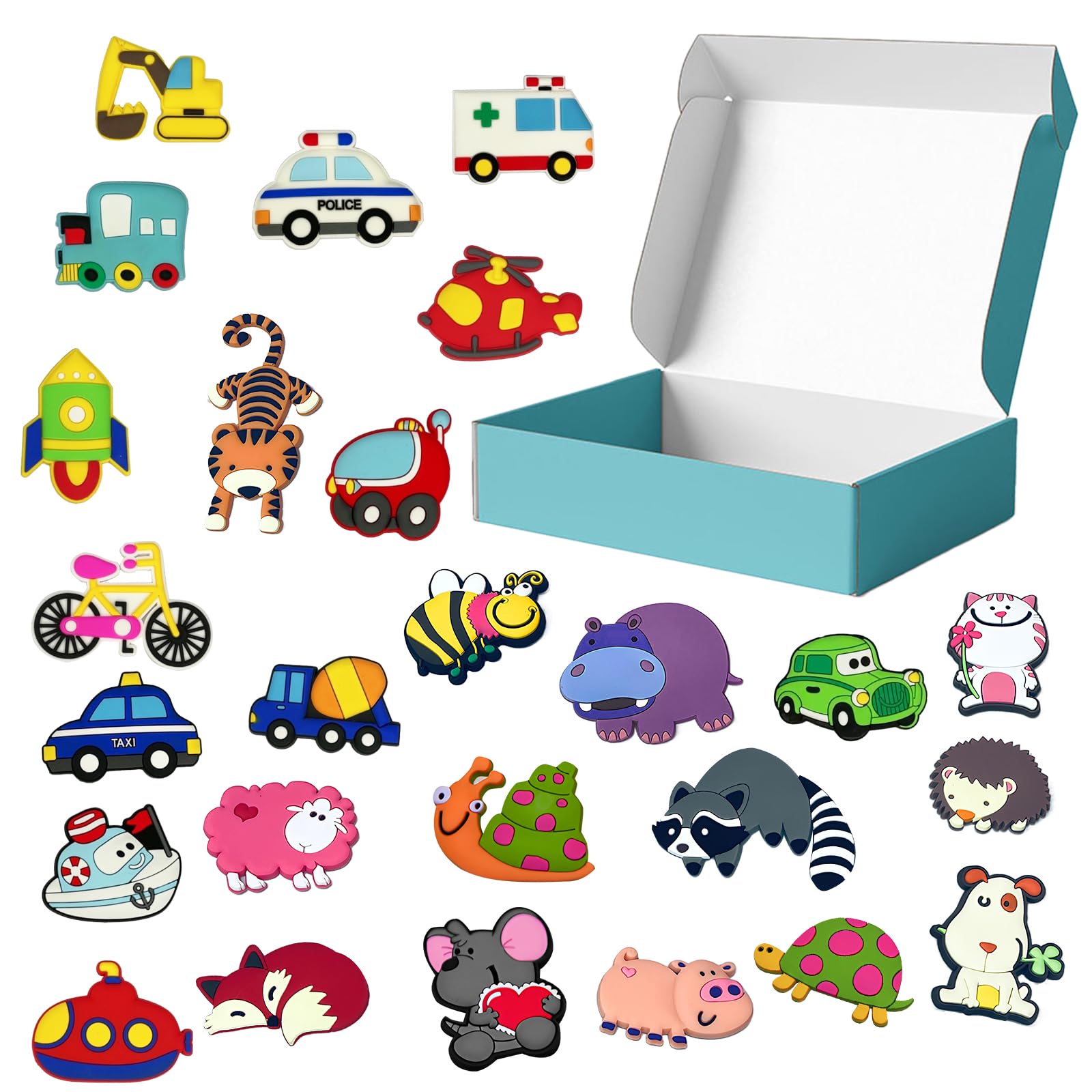 26 Pcs Fridge Magnets for Kids, Transportation and Animals Magnetic Fridge Decors with Paper Packaging Box, Suitable for Boys Girls Toddlers Educational Learning Toys