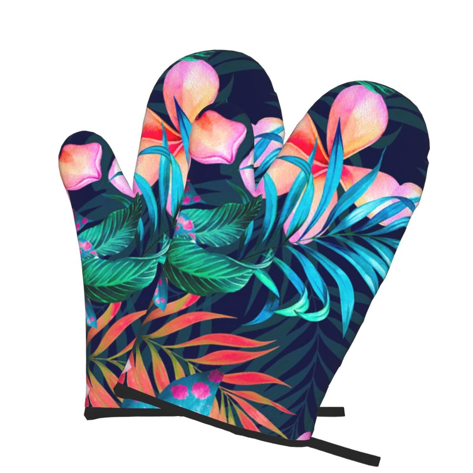 Oven Mitts Set of 2 Pcs, Tropical Flowers Prints Heat Resistant Kitchen Gloves for Cooking Baking Grilling
