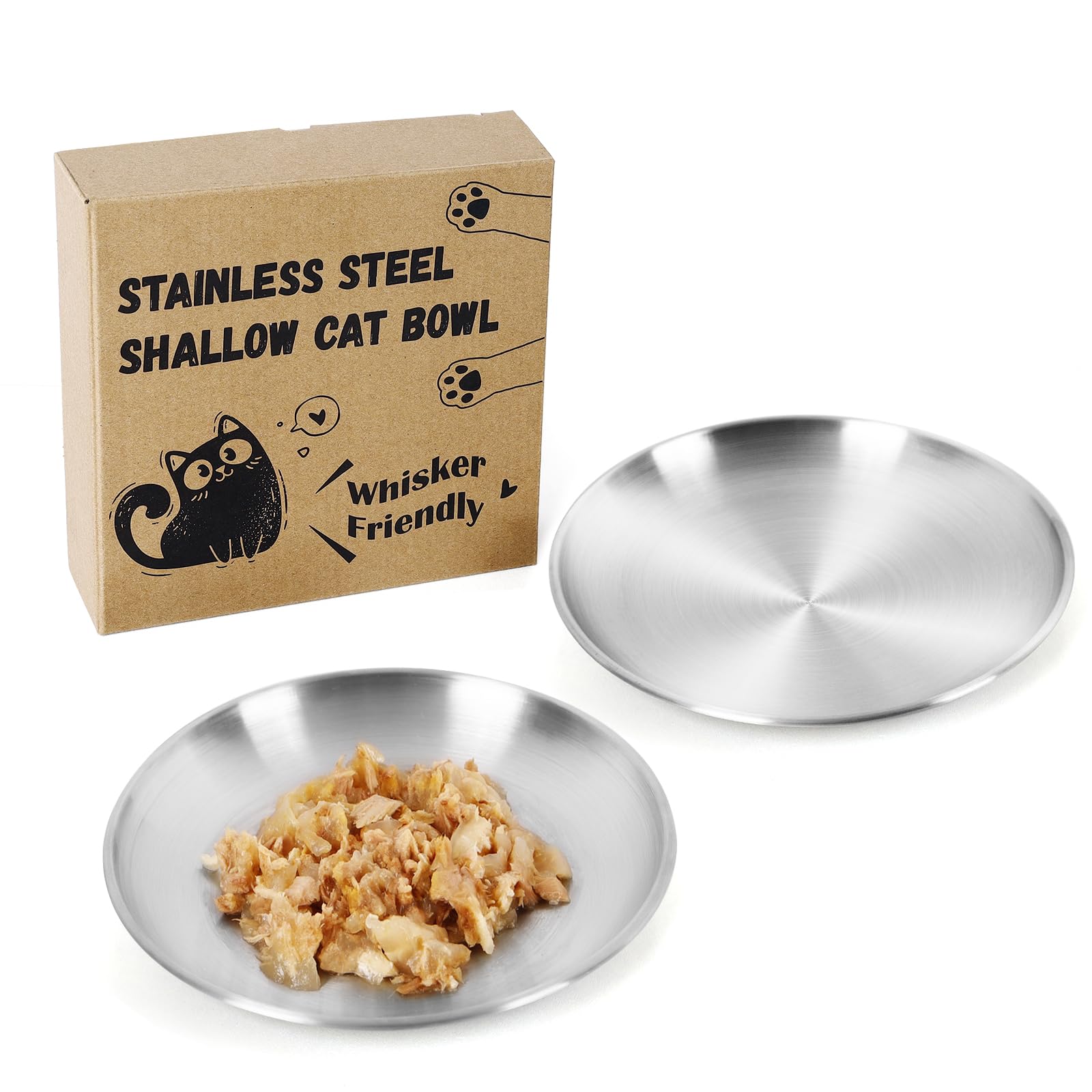 Petdream 2-Pack Stainless Steel Cat Food Bowls, Shallow Whisker-Friendly Non-Slip Silicone Base Metal Dishes, Easy to Clean Indoor Feeding Flat Plates