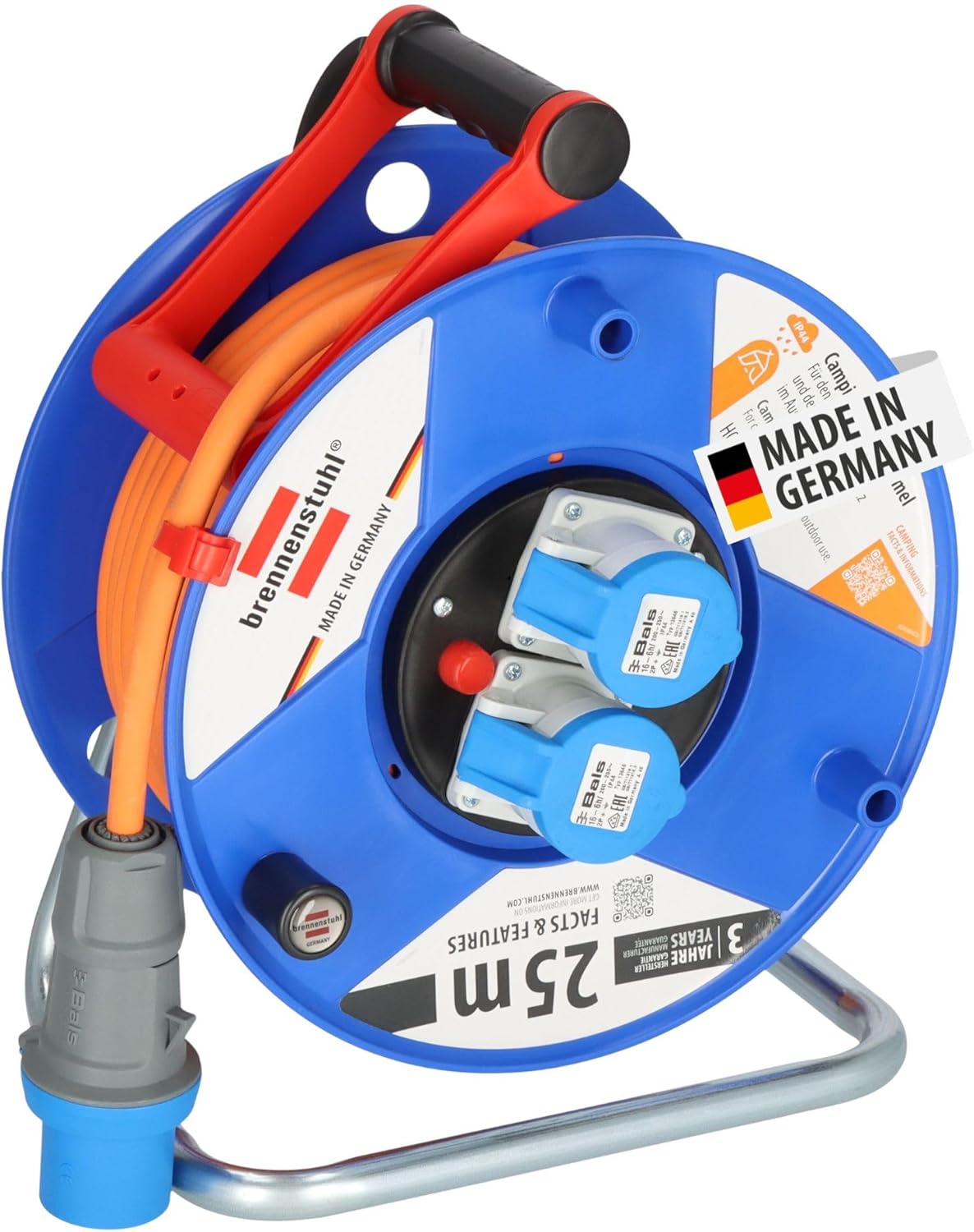 Brennenstuhl CEE 230V Camping-Kabeltrommel (25m H07RN-F 3G2,5 Kabel in orange, Kabeltrommel mit 2 CEE-Steckdosen