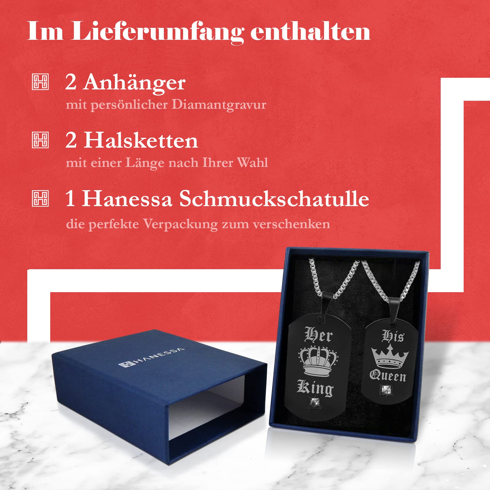 2 Stück Personalisierte Kette mit Gravur Edelstahl 50 cm mit Anhänger Dog Tag Krone in schwarz - Personalisierte Geschenke für Damen Herren Freundin Freund - Partner Halskette für Sie und Ihn