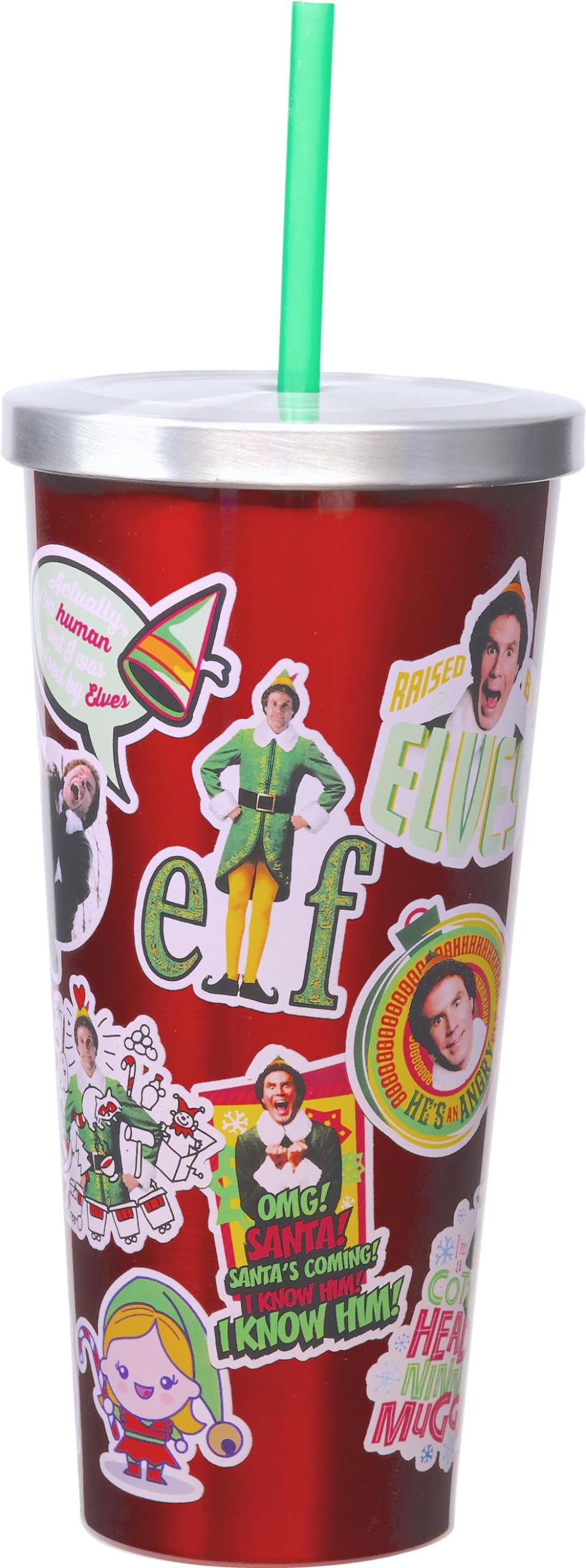 Spoontiques Christmas Stainless Steel Tumbler, 24oz - Double Wall Insulated Travel Cup with Straw - Elf