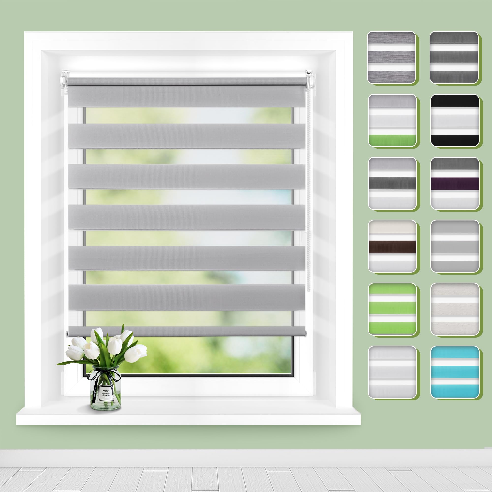 Buseu Doppelrollo Klemmfix ohne Bohren B95 x H130cm(Stoffbreite 91cm) Grau, Rollos für Fenster, Klemmrollos mit Lichtdurchlässig & Verdunkelnd, Fensterrollo Innen Sonnenschutz Rollo