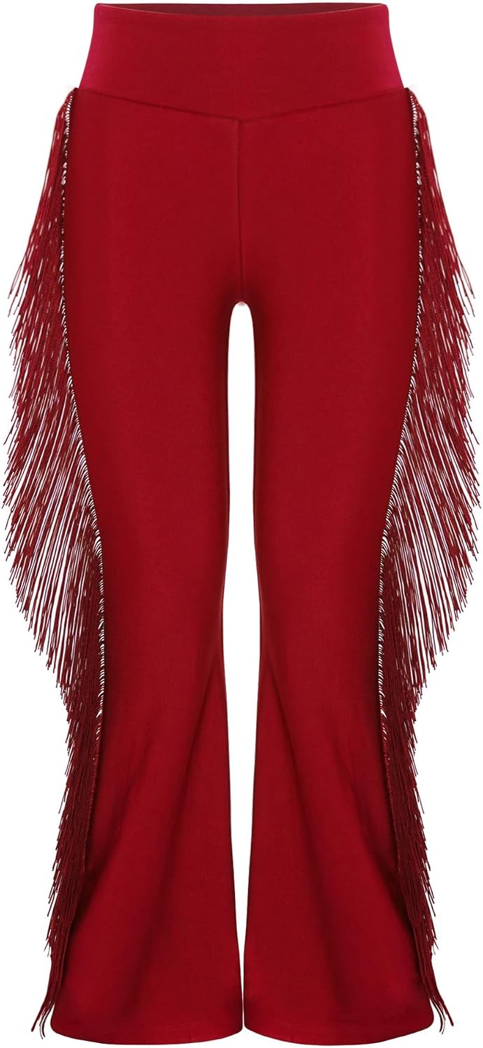 Aislor Kids Girls Rumba Samba Salsa Latin Jazz Ballroom Dance Flare Pants Tassel Bell Bottom Trousers Yoga Leggings
