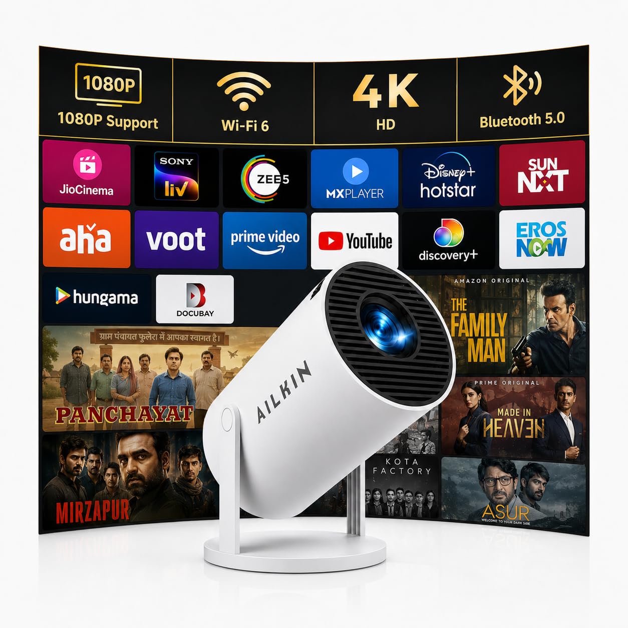 AILKIN Smart Mini Projector with WiFi6 & Bluetooth, Android 12 Portable Projector for Home, 4K Supported 720P HD Cinema, Auto Keystone, 130" Display, Mobile Screen Cast, HDMI USB for Movies & Gaming-image-37