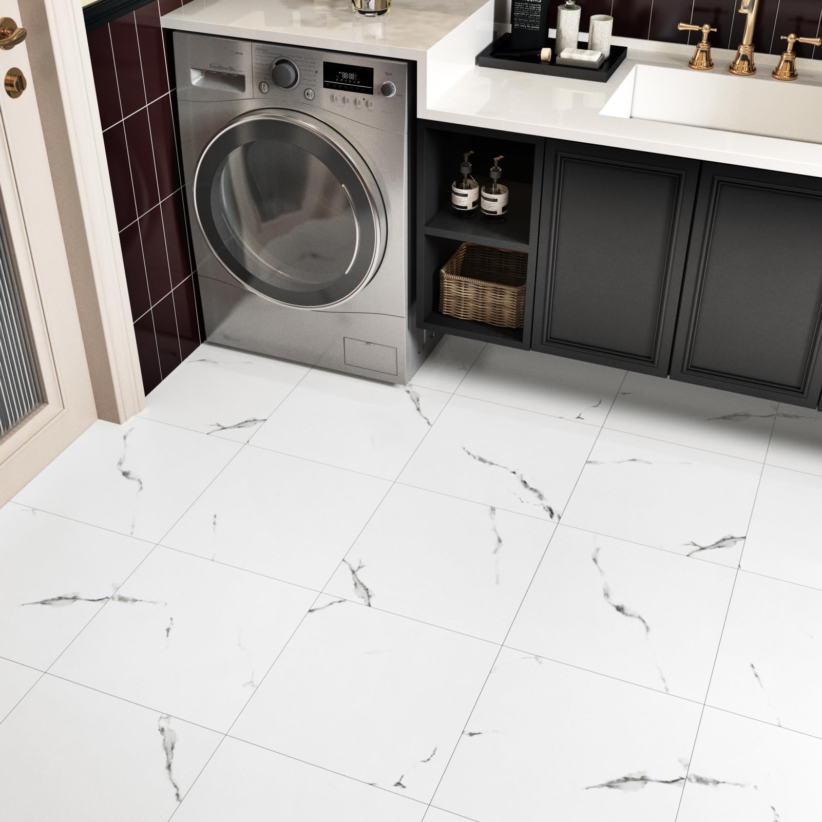 White Marble Peel and Stick Floor Tile Waterproof Vinyl Flooring 12''x12'' Self Adhesive Flooring Tiles for Kitchen Stick on Tiles for Bathroom Bedoorm Self Adhesive Vinyl Floor Laminate Sheets 5-PCS