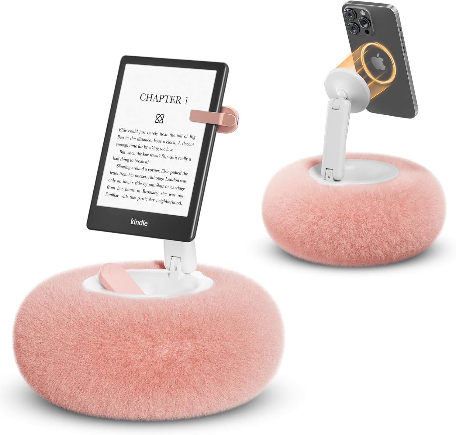 Magnetic Phone Pillow Stand, Adjustable Phone Holder for Bed,Lap,Desk, Cozy Phone Pillow Holder with Bowl and Suction Cup Bottom, Compatible with 3.5-7″ Phones/E-Readers/Kindles, Pink