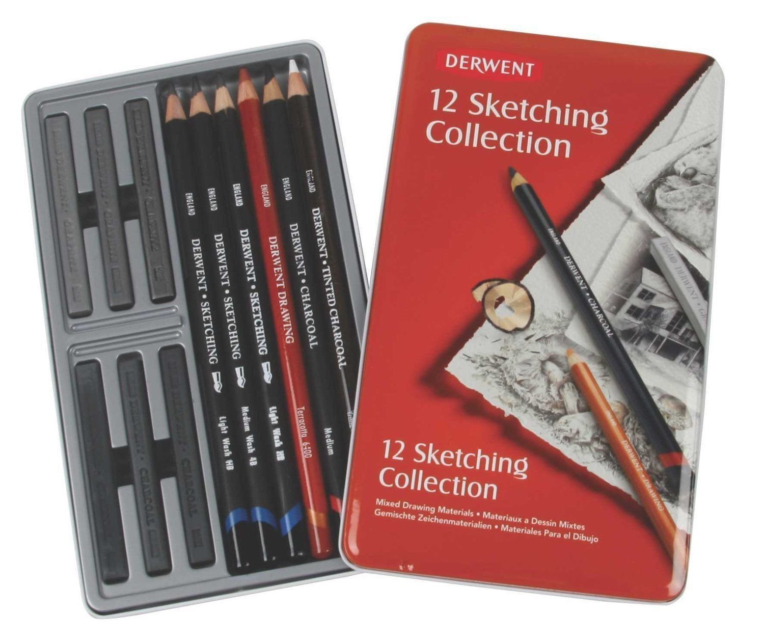 Sketching Pencil Mixed Media Collection Tin, Professional Quality Mixed Media Sketching Pencils - 34305 (Set Of 12), White