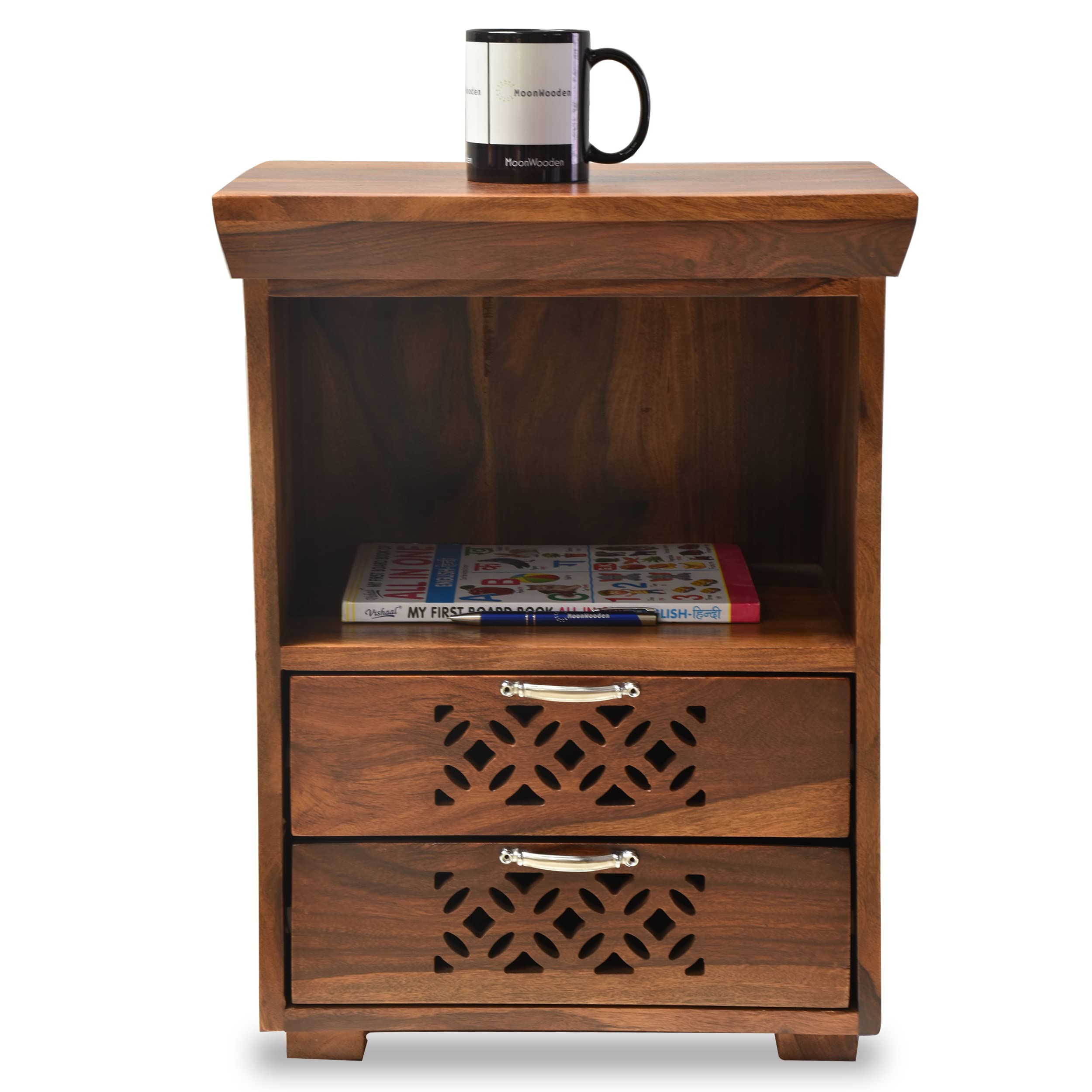 moonwooden Wooden Bedside Table for Bedroom | Wooden Nightstand Lamp Table with 2 Drawer Storage | Sheesham Wood, Dark Honey-picture-29