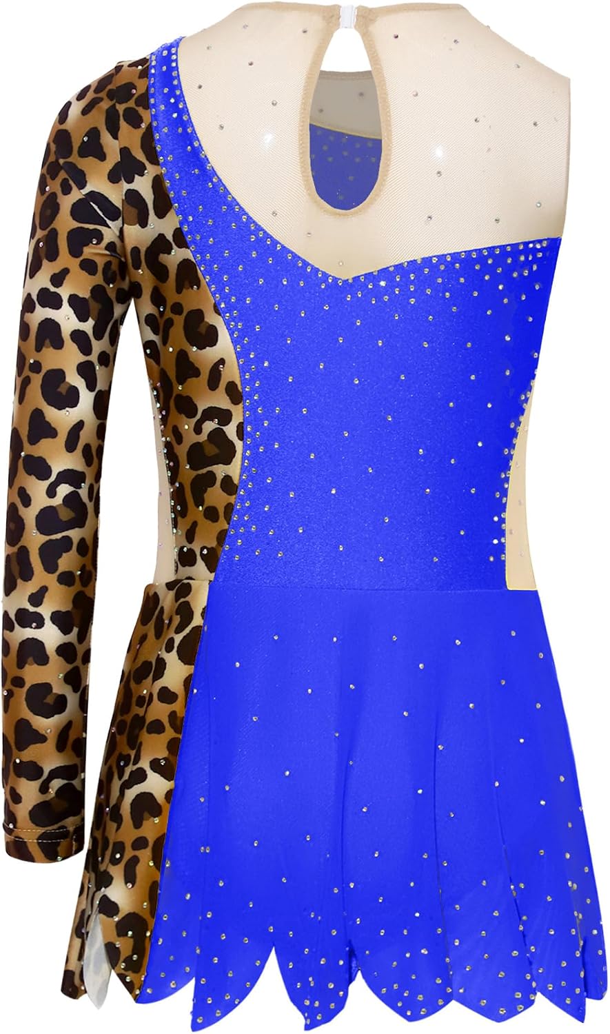 Gymnastics Leotards for Girls Leopard Print Bodysuit Asymmetric Sleeve Ballet Outfit Figure Skating Dress
