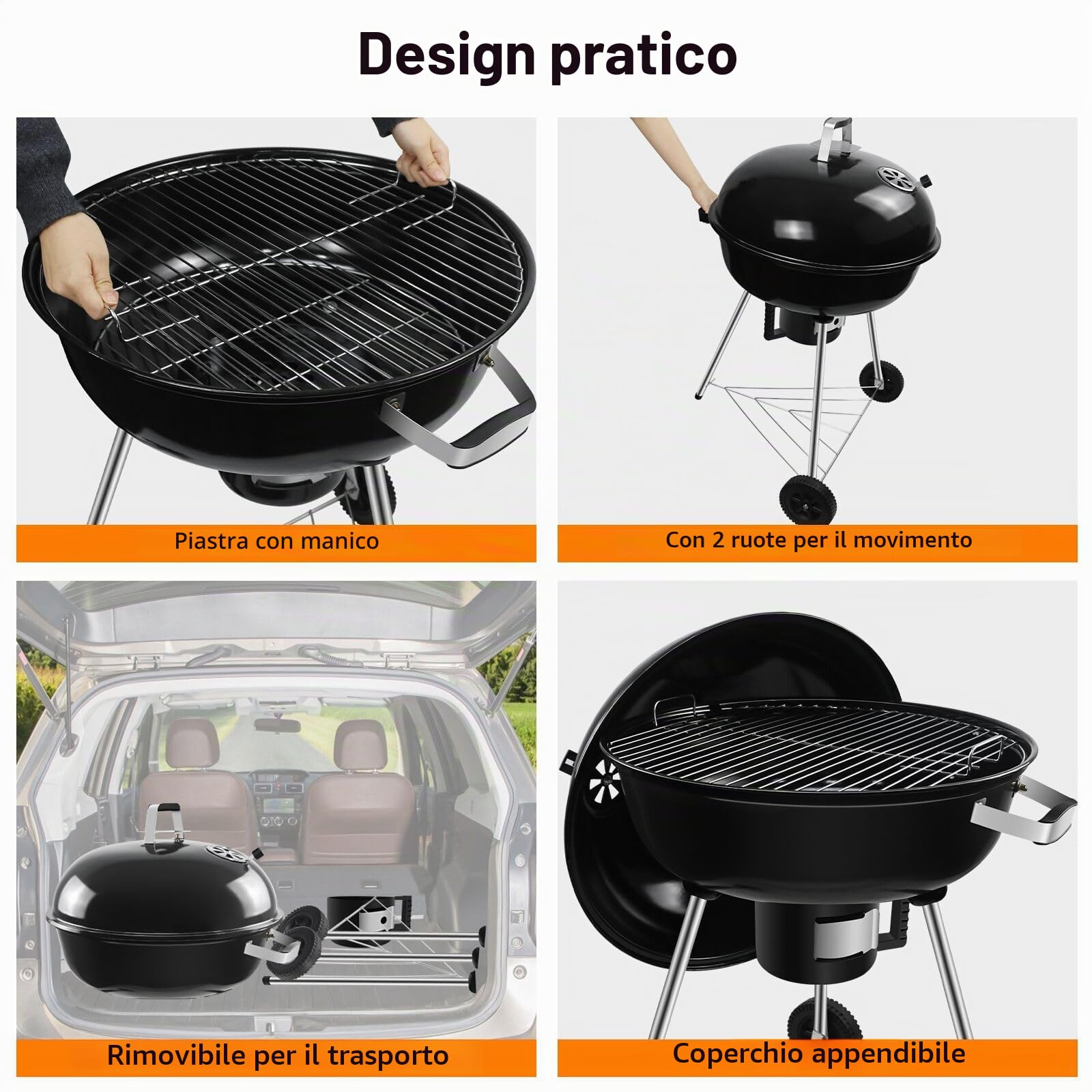 Barbecue a Carbone con coperchio e ruote Griglia BBQ carbonella per balcone da campeggio [L] | Diametro della griglia: 54 cm, carrello per barbecue a carbonella con ruote, adatto per il campeggio