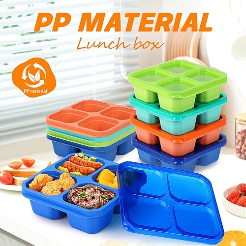 Miniatura 6 de Paquete de 4 recipientes Bento para aperitivos, 4 compartimentos para almacenamiento de alimentos, lonchera de paja de trigo, contenedor de plástico