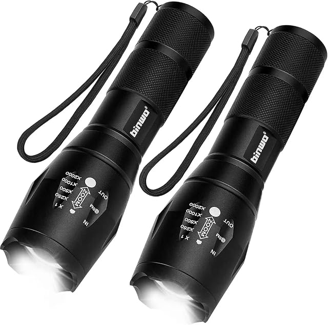 BINWO LED Torch, Super Bright 2000 Lumens Zoomable XML T6 LED Flashlight, 5 Modes, Waterproof Handheld Powerful Tactical Torch Light for Camping, Emergency, Outdoor, 2 Pack