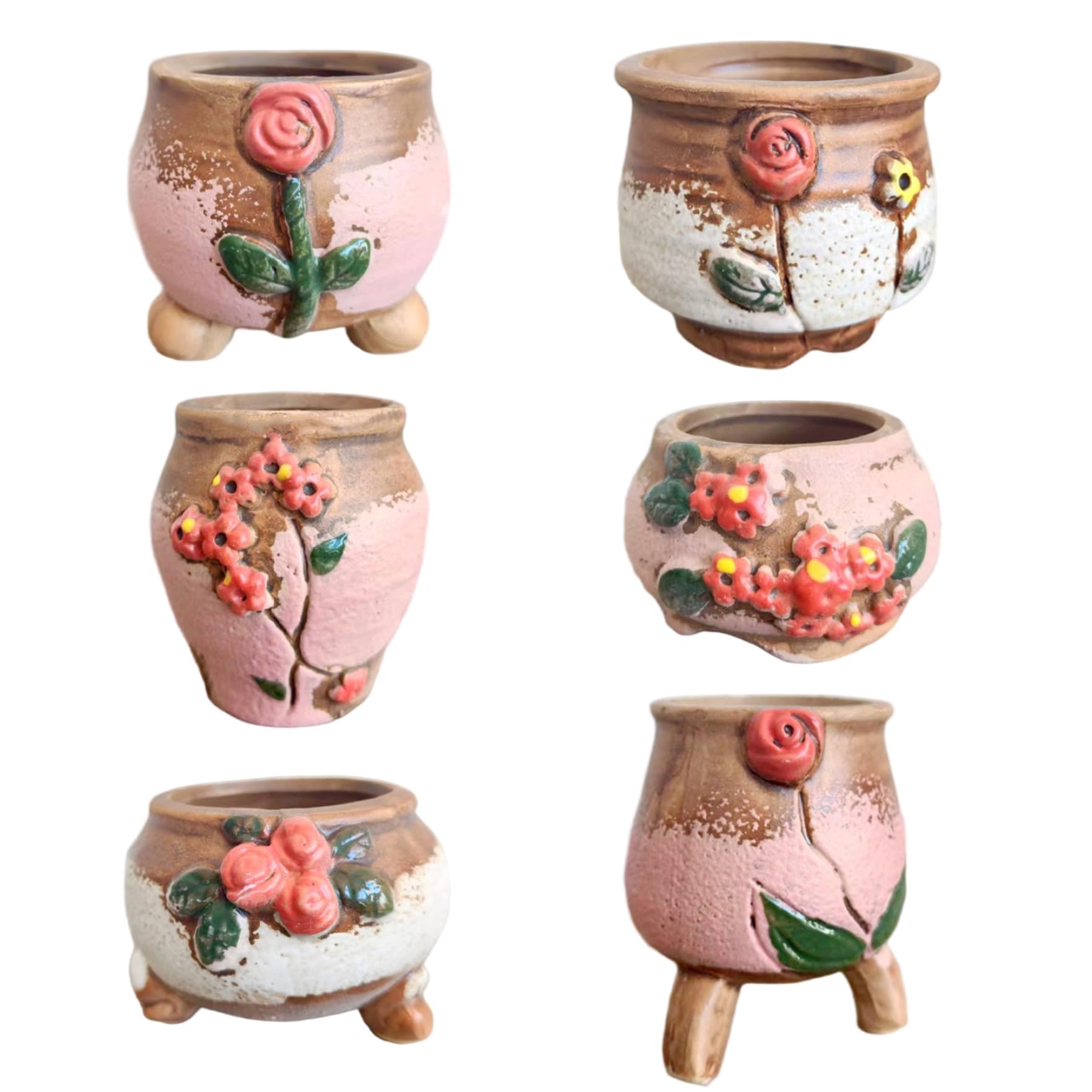 Vervevum 6Pcs Succulent Pots, 2.0-3.0 Inch Ceramic Planter with Flower and Leaves Design, Bonsai Pot for Women, Mom, Plant Lover, Ceramic Flower Pots