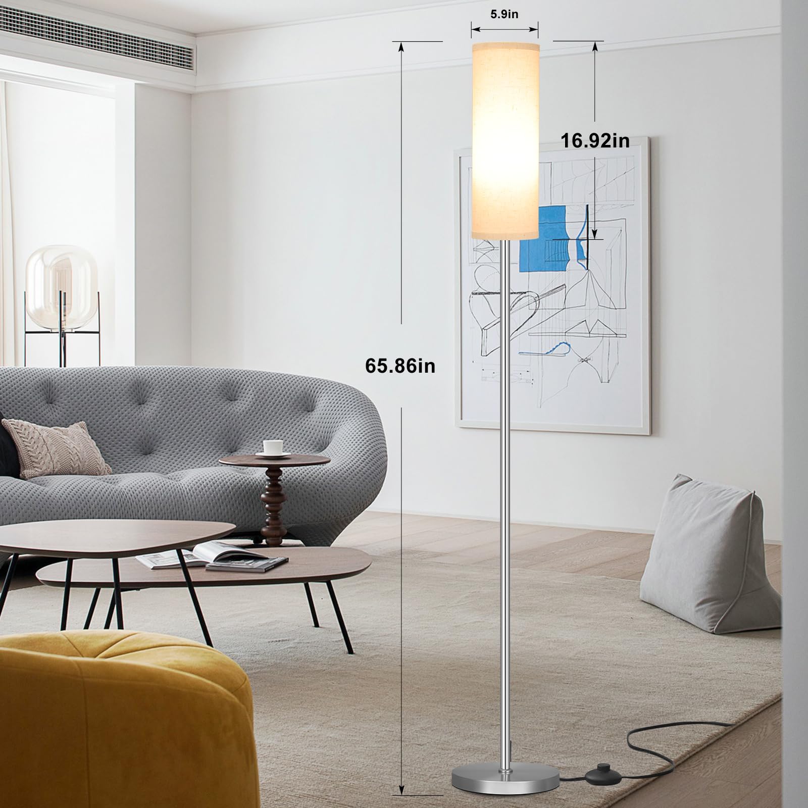 Ambimall Floor Lamp for Living Room - Pole Lamps for Bedrooms, Silver Standing Lamps with Beige Shade, 65'' Tall Lamp for Office, Minimalist Floor Lamp for Home Decor