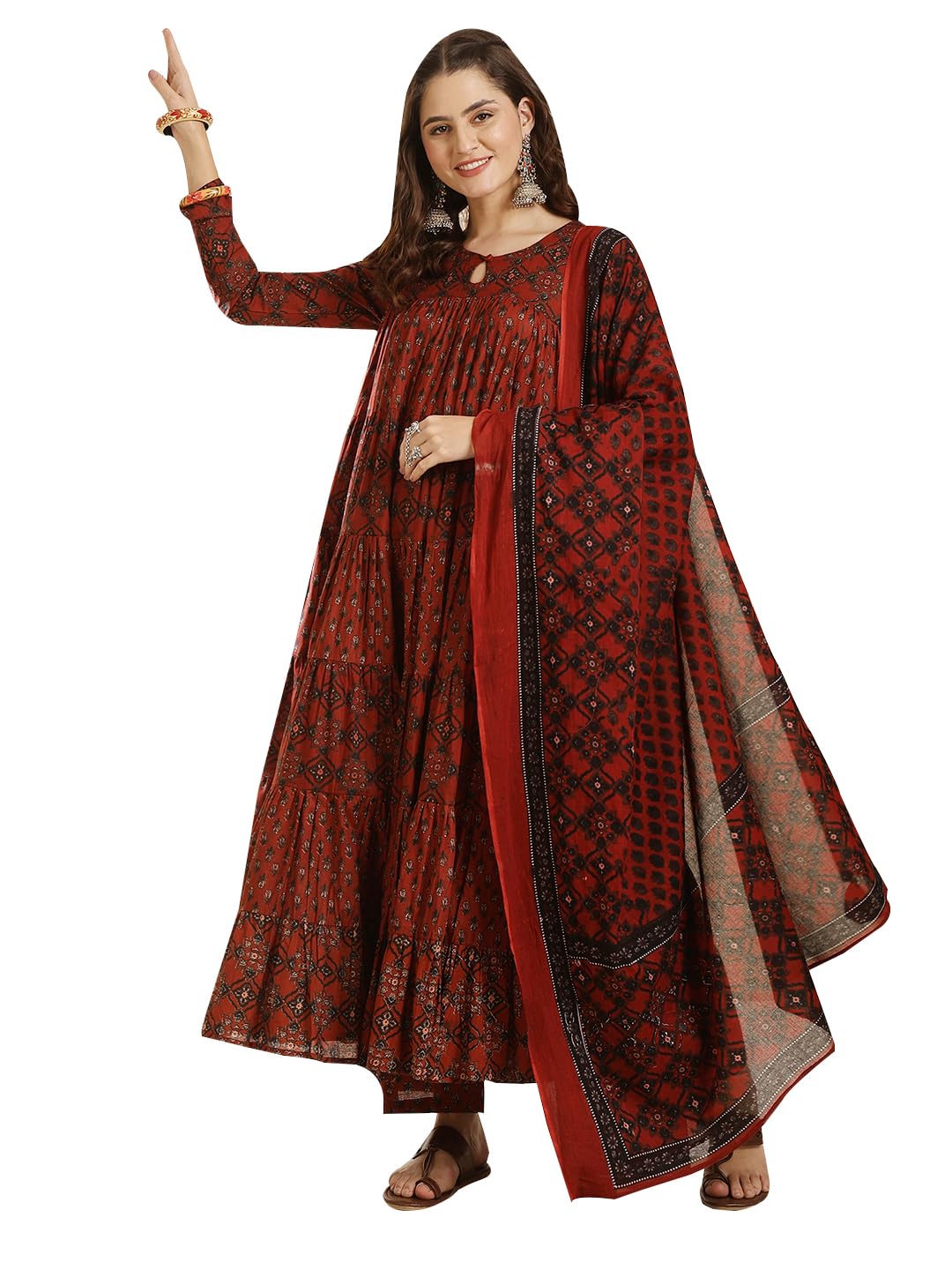 gulmohar jaipur Women's Cotton Calf Length Printed Key Hole Neck Anarkali Kurta Suit Set-picture-33