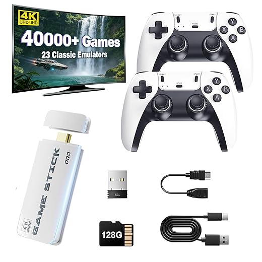 2026 New Retro Gaming Console,40,000+ Retro Game Stick, Built-in Classic Video Games and 23 Emulators,4K HDMI Output Game Stick,Plug and Play Video Gaming Consoles with 2 Wireless Controllers(128G)