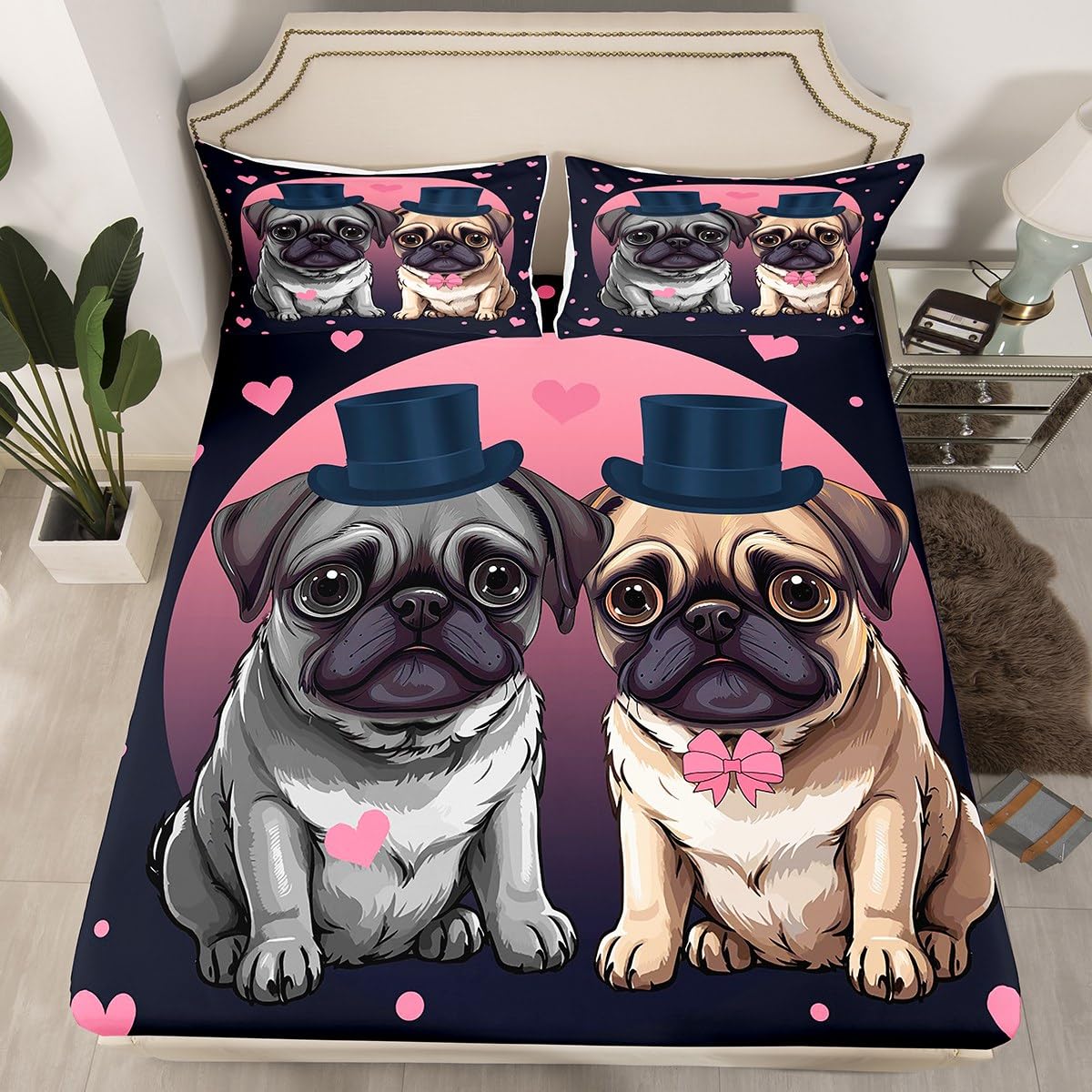 Manfei Cute Pug Kids Fitted Sheet Double Size, Dog Couple Pink Hearts Moon Bed Cover with 2 Pillowcases, Cartoon Animal Bedding Set for Lovers Adults Bedroom Decor, Soft Polyester Bedding