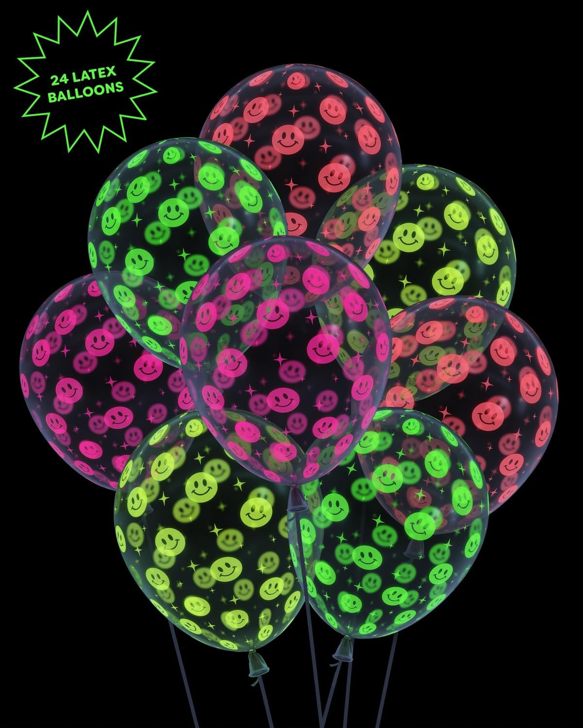 xo, Fetti Black Light Neon Smiley Print Latex Balloons - 24 pk, 12" | Groovy Rave Bachelorette Decorations, Preppy Birthday Party Supplies, Baby Shower Decor, Y2k Fun Photo Booth