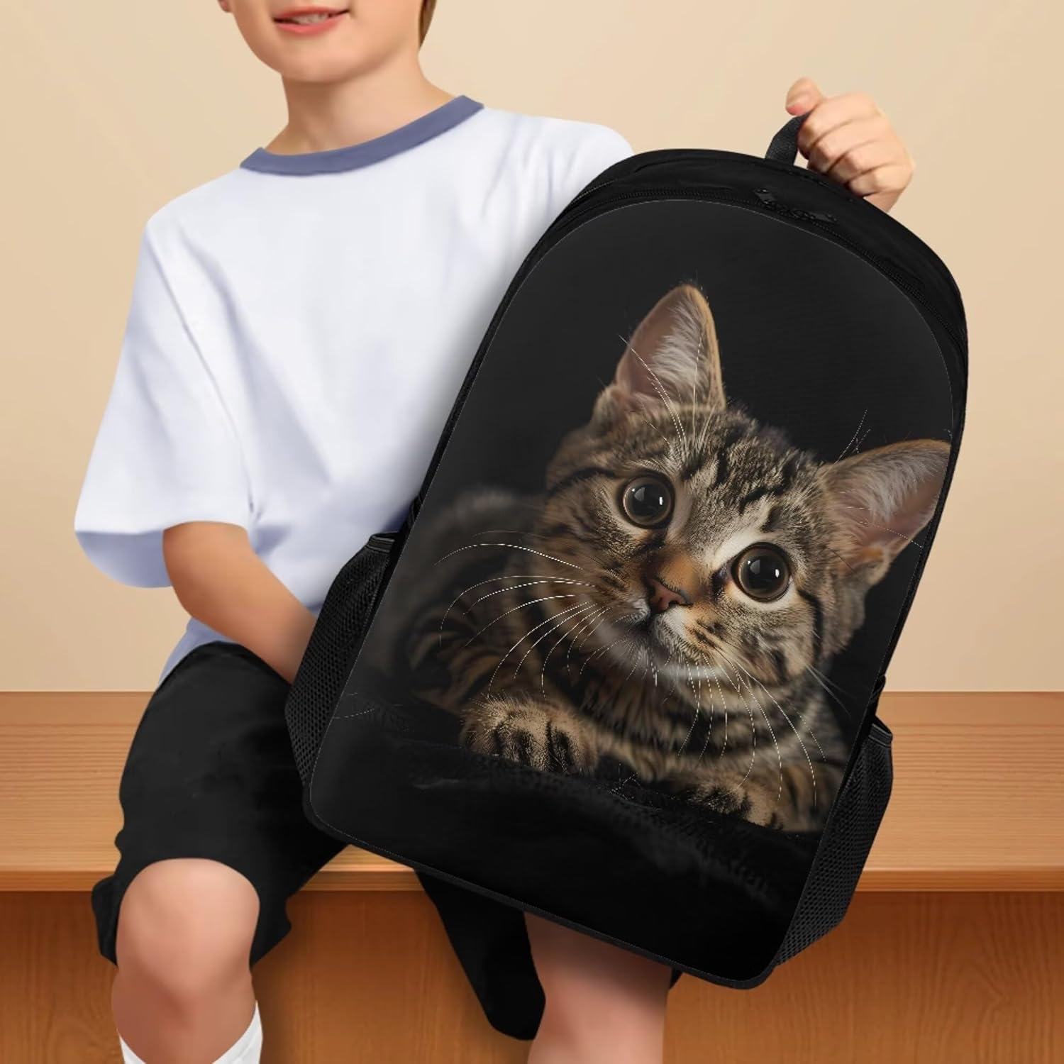 Grey Cat Black School Backpack Lightweight Girls Backpack Durable Travel Bookbag for Boys