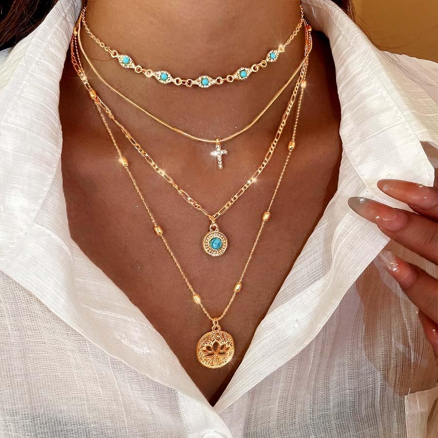Tgirls Gold Multilayer Necklace Boho Turquoise Choker Necklaces Cross Pendant Necklace Jewelry - Image 7