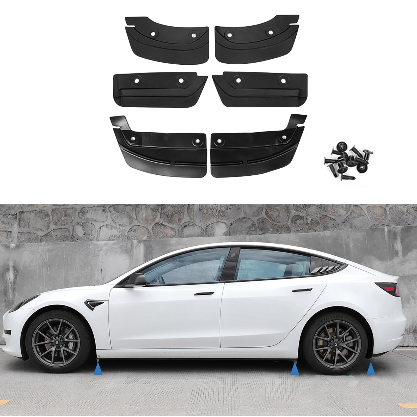 Schmutzfänger für Tesla Model 3 2017–2023, Spritzschutz, Schmutzschutz, kein Bohren, Klebeband, Spritzschutz, Kotflügel für Tesla Model 3, Zubehör (Modell 3), 6 Stück