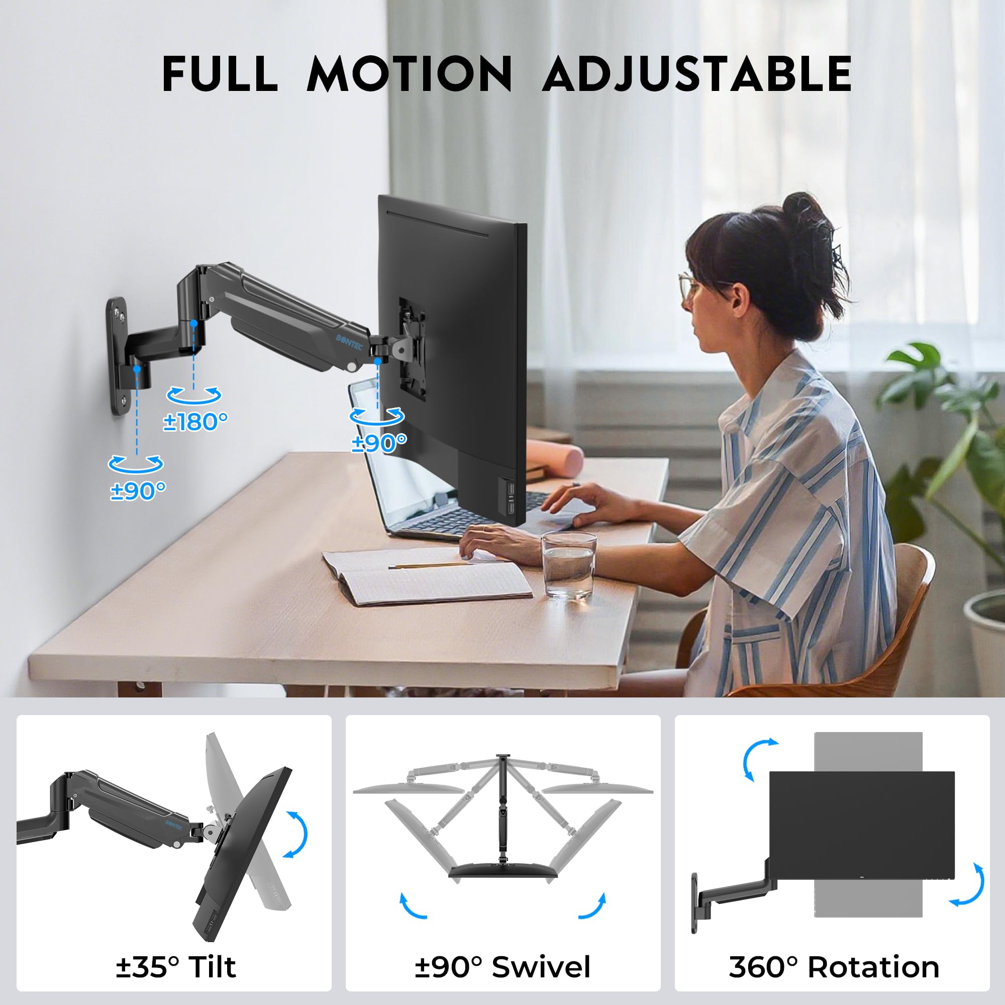 BONTEC Support Ecran PC Mural a Ressort a Gaz, Bras Ecran PC 13 a 42 Pouces 9 kg, Bras Articule Ecran PC Reglable Hauteur, Rotation 360 deg, Pivot 180 deg, Inclinaison 90 deg, VESA Jusqua 200x200