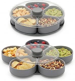 Divided Serving Tray that Spins, 5-Compartment Twist-to-Open Snack Tray with Lid, Expandable Party Platter for Fruit, Candy, Nuts, Veggies and Dips, Gray