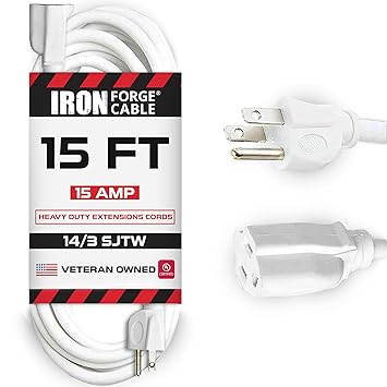 15 Foot Outdoor Extension Cord - 14/3 SJTW Heavy Duty White Cord with 3-Prong Plug for Added Safety - Ideal for Garden and Major Appliances