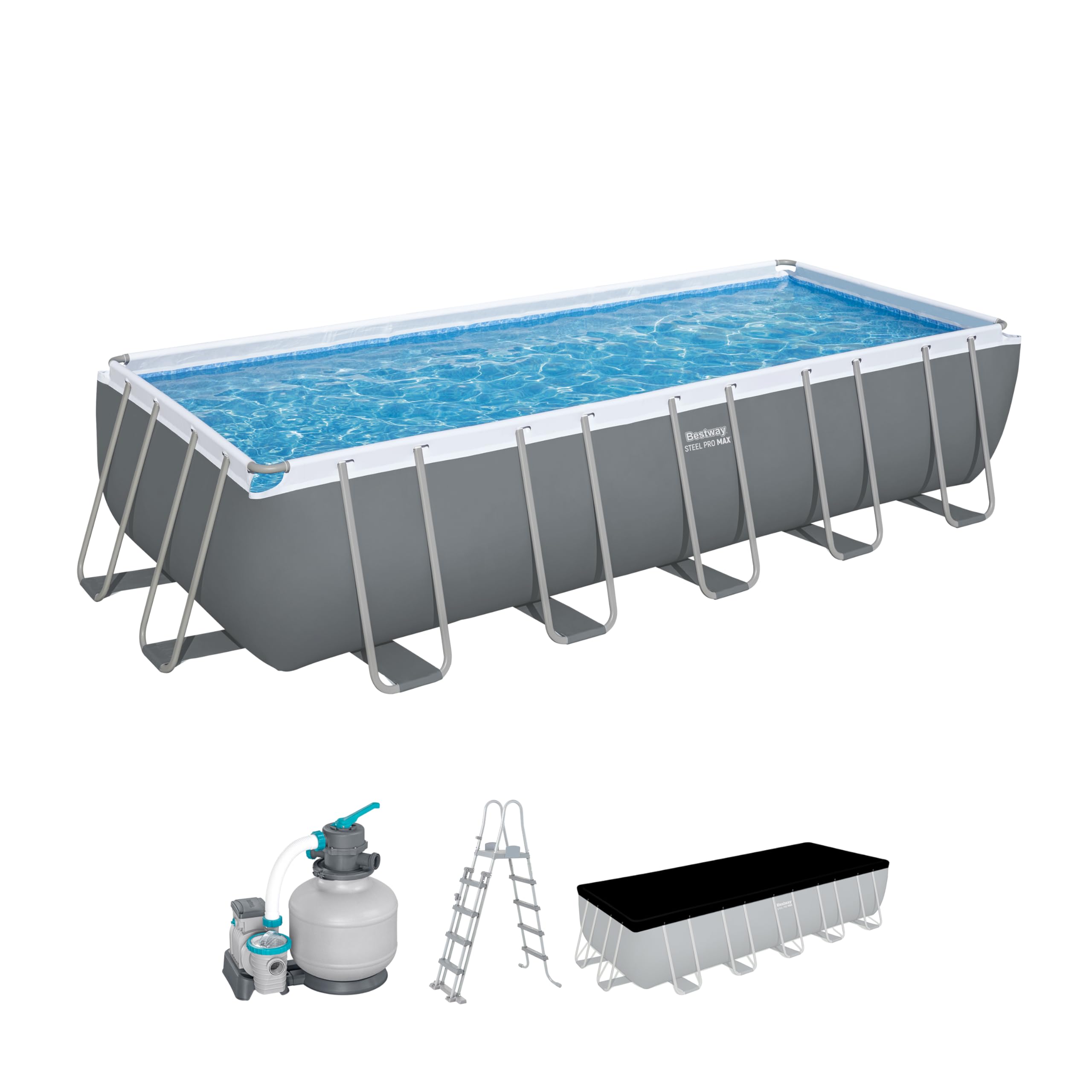 Bestway Power Steel Frame Pool Komplett-Set mit Sandfilteranlage 640 x 274 x 132 cm, grau, eckig