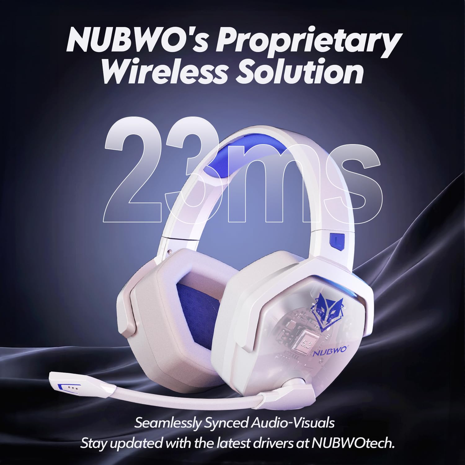NUBWO G06 Cuffie Gaming Wireless per PC/Ps5/Ps4/NS,2,4GHz+5.3 Bluetooth,Cuffie Wireless con Microfono 7.1 Qualità Audio Senza Perdita di Bassa Latenza,Durata di Oltre 100+ Ore - Bianco/Blue