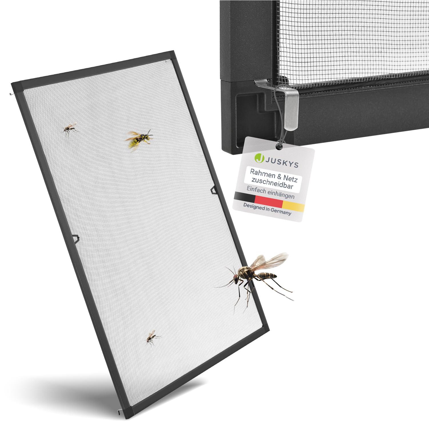 Juskys Fliegengitter Fenster 80x100 cm – Insektenschutz mit Alu Rahmen zum Einhängen, Montage ohne Bohren, Mücken- & Fliegenschutzgitter – Grau