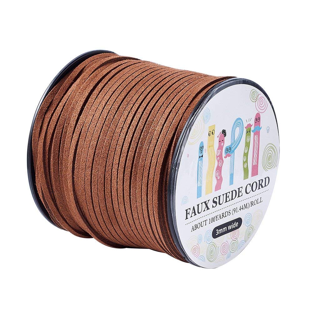 Pandahall 98Yard 90m/roll 3x1.4mm Faux Suede Cord String Leather Lace Beading Thread Suede Lace Double Sided with Roll Spool 295feet SaddleBrown