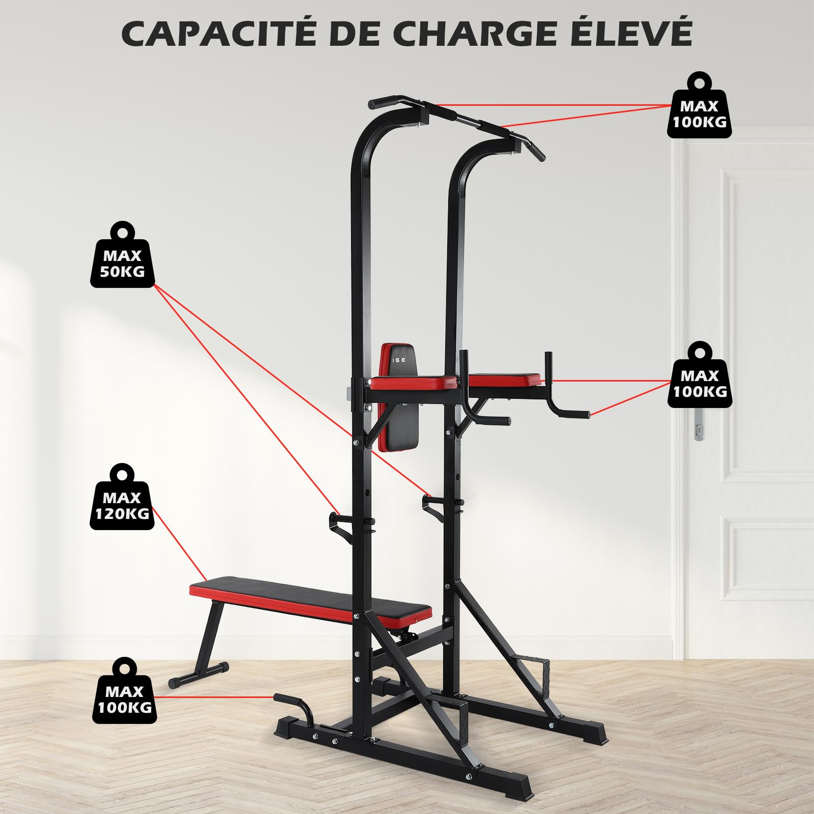 ISE Chaise Romaine Multifonction Barre de Traction Station avec Banc de Musculation pour Dips, Pompes, Développé-Couchés, Station Musculation, Chaises Romaine Complet Rouge/Noir 107x66x224CM