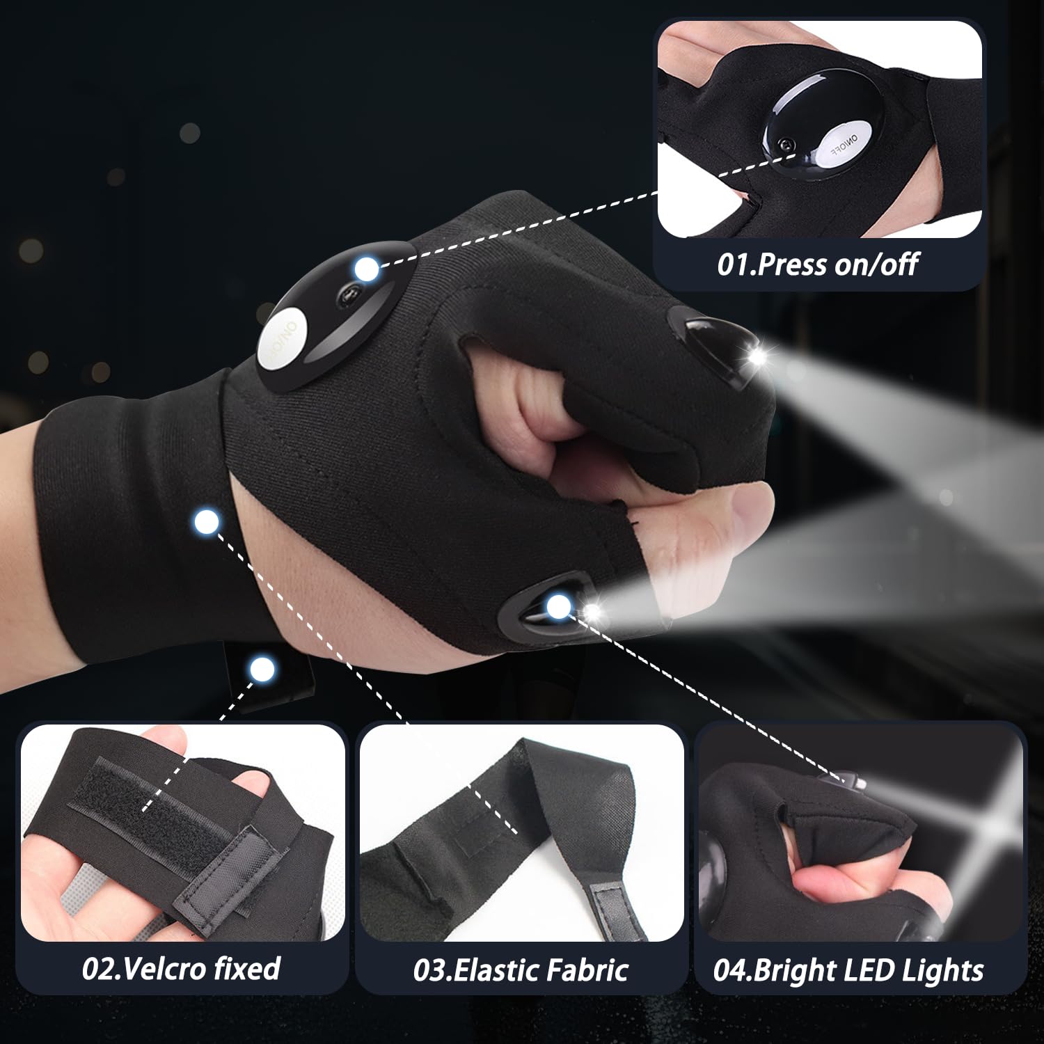 TUKYWAN LED Flashlight Gloves,Gifts for Men Dad Him, Father's Day Gifts for Dad Him Husband, Cool Gadget Hands-Free Lights Tools for Fishing Camping Repairing, 1 Pair Black 4
